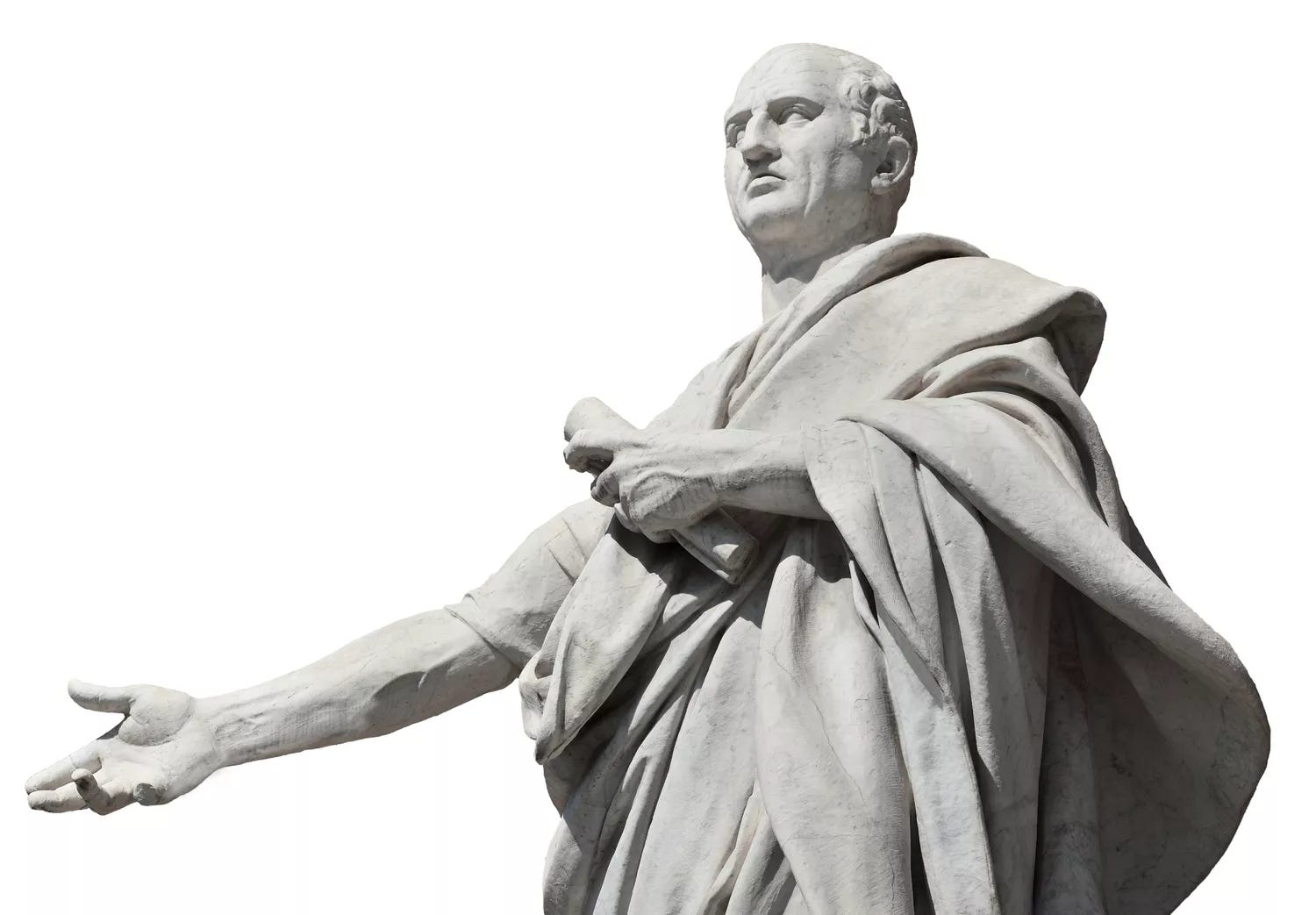A low-angle photograph of the white marble statue of Marcus Tullius Cicero, derived from image_23.png, standing against a pure white, isolated background. The Roman orator is depicted in a full toga, with a strong, focused expression on his face. He extends his right arm forward, hand open in a gesture of address and reason. In his left arm, he holds a carved scroll. The statue’s detailed textures and strong form dominate the frame.