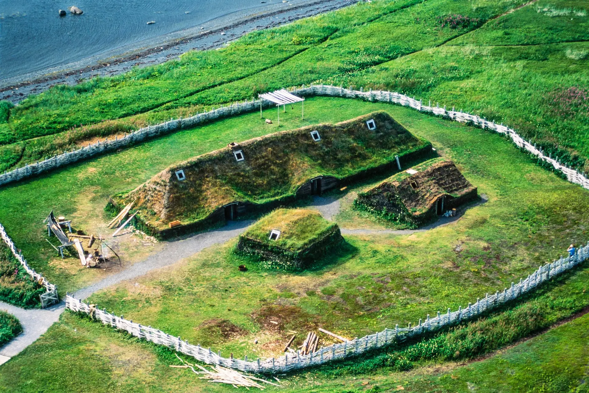 Reconstruction of a Viking longhouse at L'Anse aux Meadows, Newfoundland, showing the first Norse settlement in North America