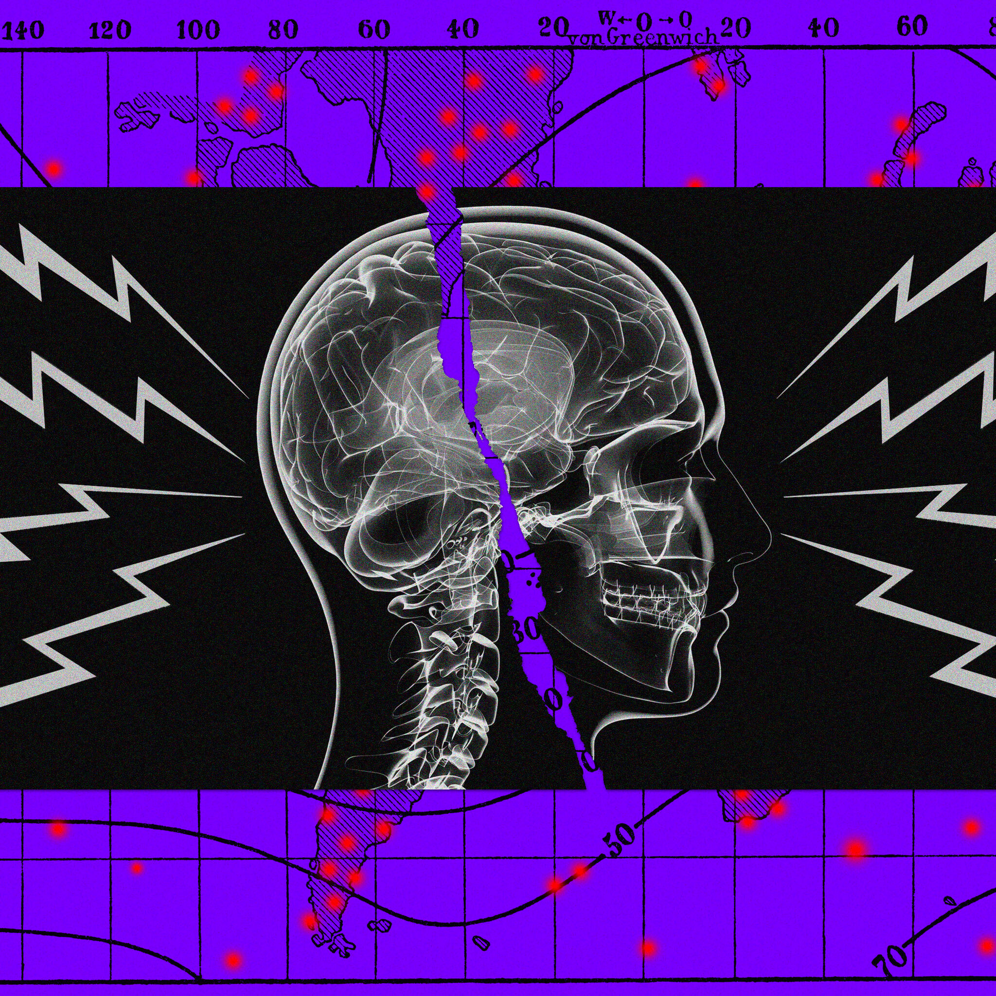 An analytical visual for the Havana Syndrome article, based on representing the collision of medical and political information. It features a human skull X-ray with a deep, data-filled vertical fissure: a chaotic flow of encrypted, redacted, and official text, symbolizing the data leakage of classified reports and jumbled symptoms (like 'INCIDENT REPORT - CAIRO'). Lightning bolts and data-filled signal waves on either side illustrate targeted, encoded energy, referencing hypotheses of focused acoustic or microwave devices. At the top center, within the purple border, the title reads 'HAVANA SYNDROME: MAPPING THE INVISIBLE ARSENAL'. The top and bottom purple geophysical map borders incorporate detailed inset maps tracking incident locations (the Cairo embassy district and Havana harbor), marked with red hotspots and vector arrows. The overall image merges medical imaging, geographical tracking, data leakage, and targeted energy forces to visualize the complex multi-layered phenomenon.