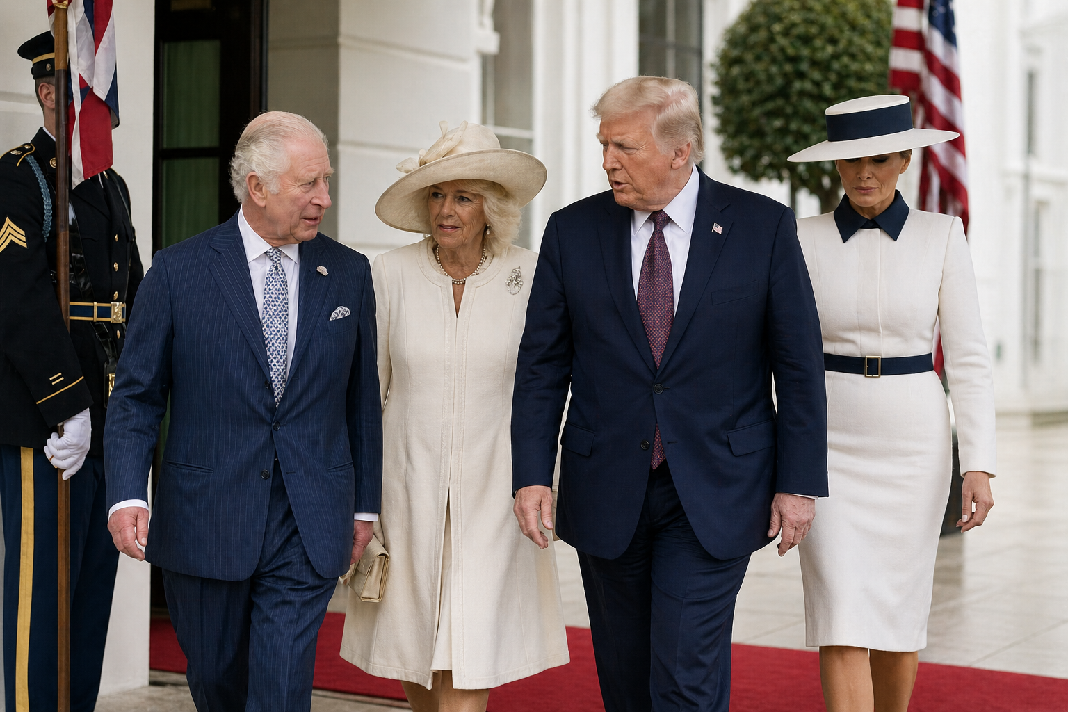 A realistic scene of a formal diplomatic meeting as the British monarch and consort walk alongside a U.S. president and first lady on a red carpet outside a grand government building, flanked by guards and national flags.