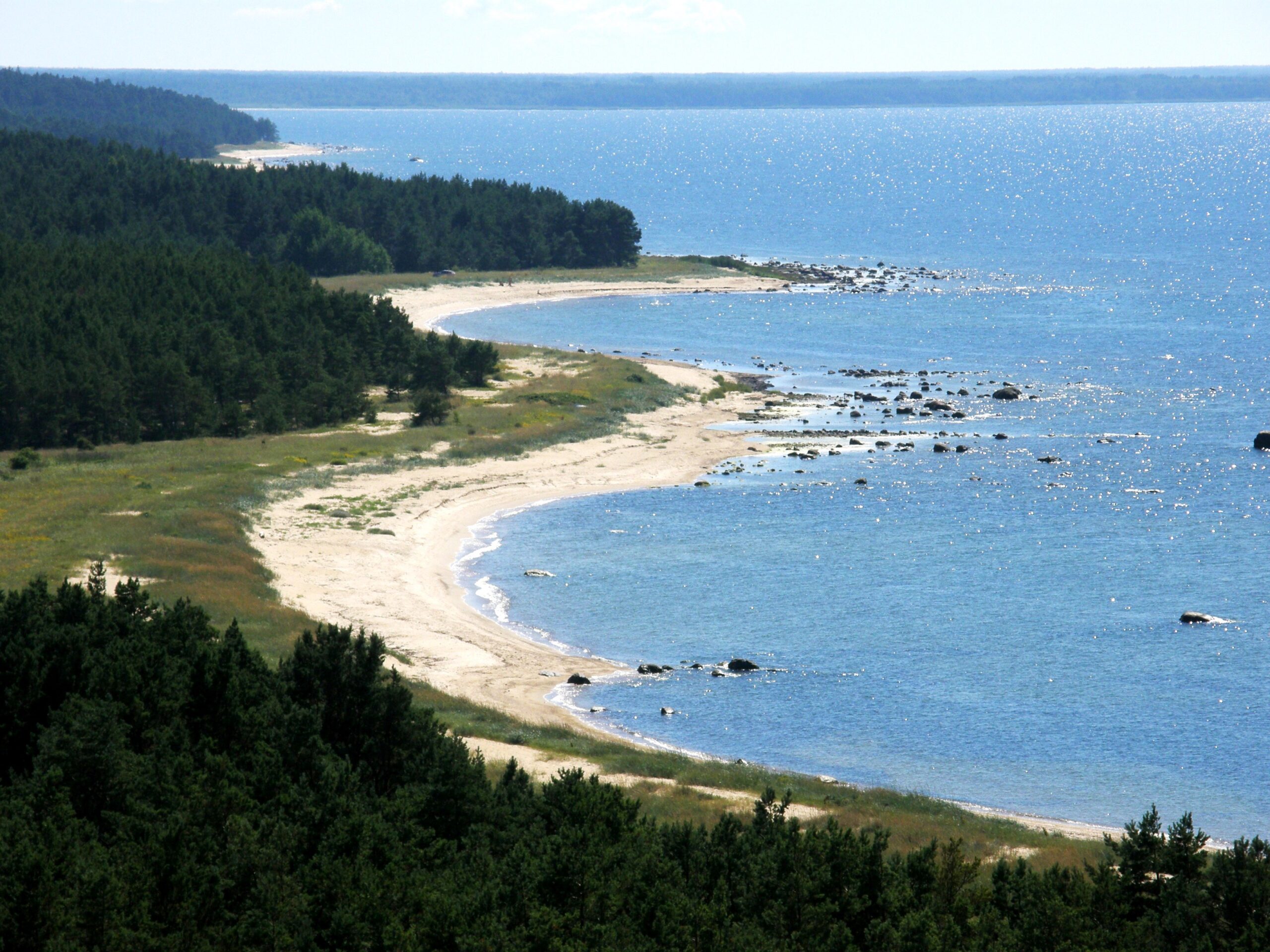 An aerial landscape view capturing the low, forested profile of the Estonian islands Saaremaa and Hiiumaa as seen from the Baltic Sea under a soft, partly cloudy sky. The photograph highlights the lush green forests, winding coastal roads, and calm waters that characterize these strategic Baltic territories.