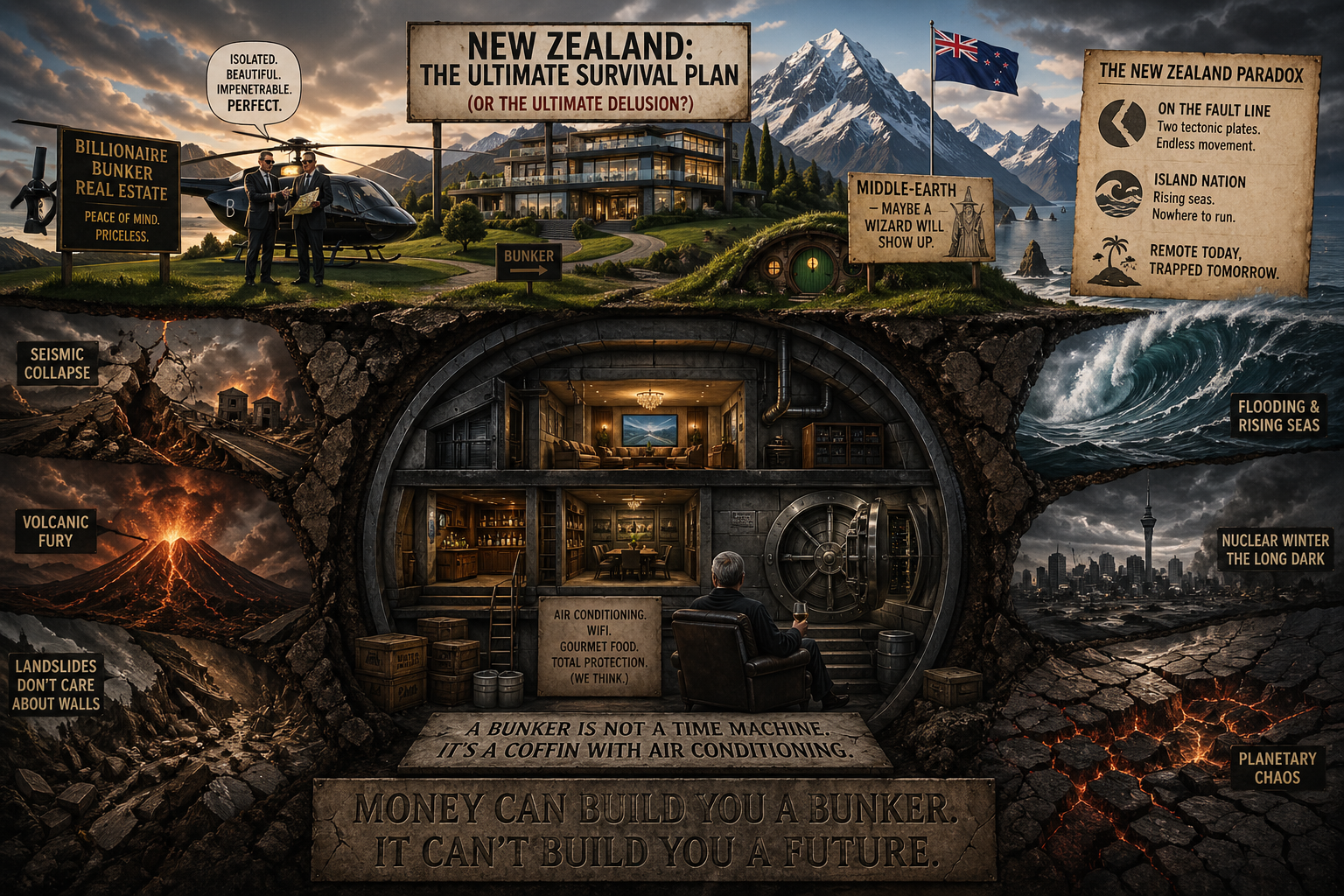 Cross-section illustration of a luxury underground bunker in New Zealand beneath a modern villa, where a wealthy man sits in comfort, while above and around him unfold apocalyptic disasters—earthquakes, volcanic eruptions, floods, and a darkened sky—highlighting the illusion of safety and control.