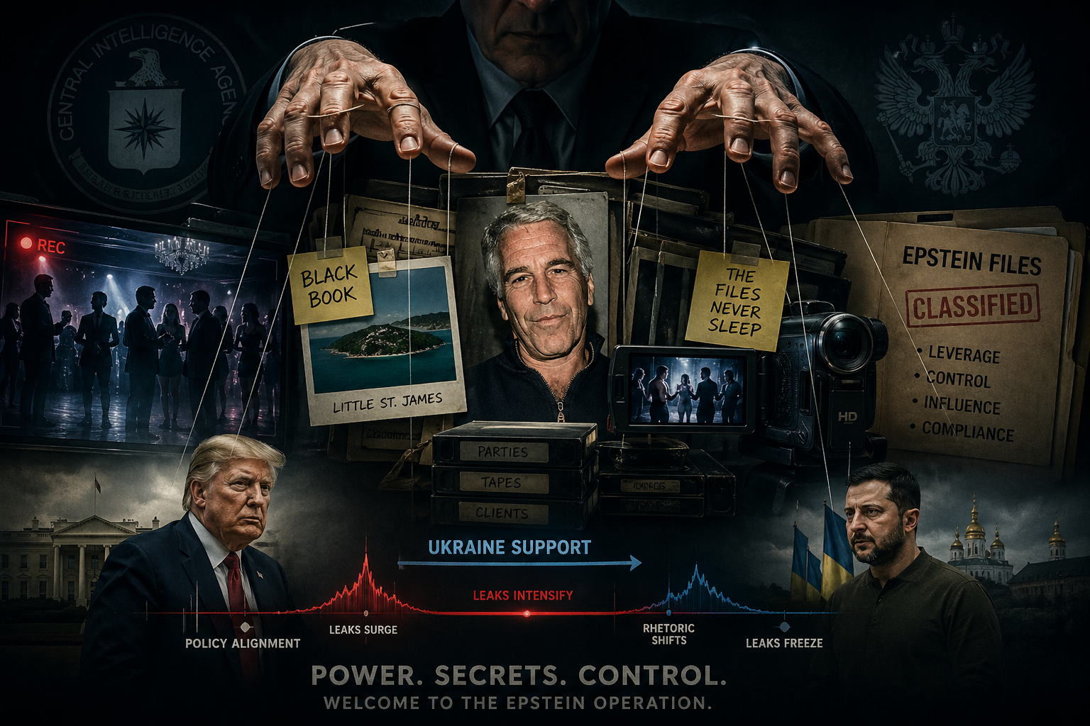 Dark illustration of a shadowy figure pulling strings over files labeled “Epstein Files,” surrounded by photos, a video camera, and political figures against a backdrop of graphs and symbols of influence.