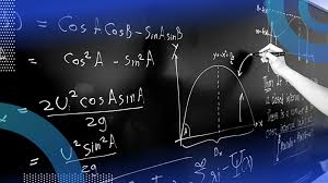 This visual illustrates the specific multivariable calculus and linear algebra concepts detailed in the article on AI mathematical modeling. It shows a smartboard displaying complex formulas (including quadratic forms and trigonometric components) alongside a parabolic graph being drawn, representing optimization paths. The glowing equations and technological overlays are referenced in the text to symbolize how large models, like GPT-4, perform massive parallel calculations on tensors in the background, a contrast to the 'Information Noise' where scientific classifications (e.g., Potential Hazard) are overemphasized visually to suggest immediate catastrophic danger while masking the statistical reality. The focus on the equations and graph visualizes how these models simulate cognition through numerical correlation, not reasoning.