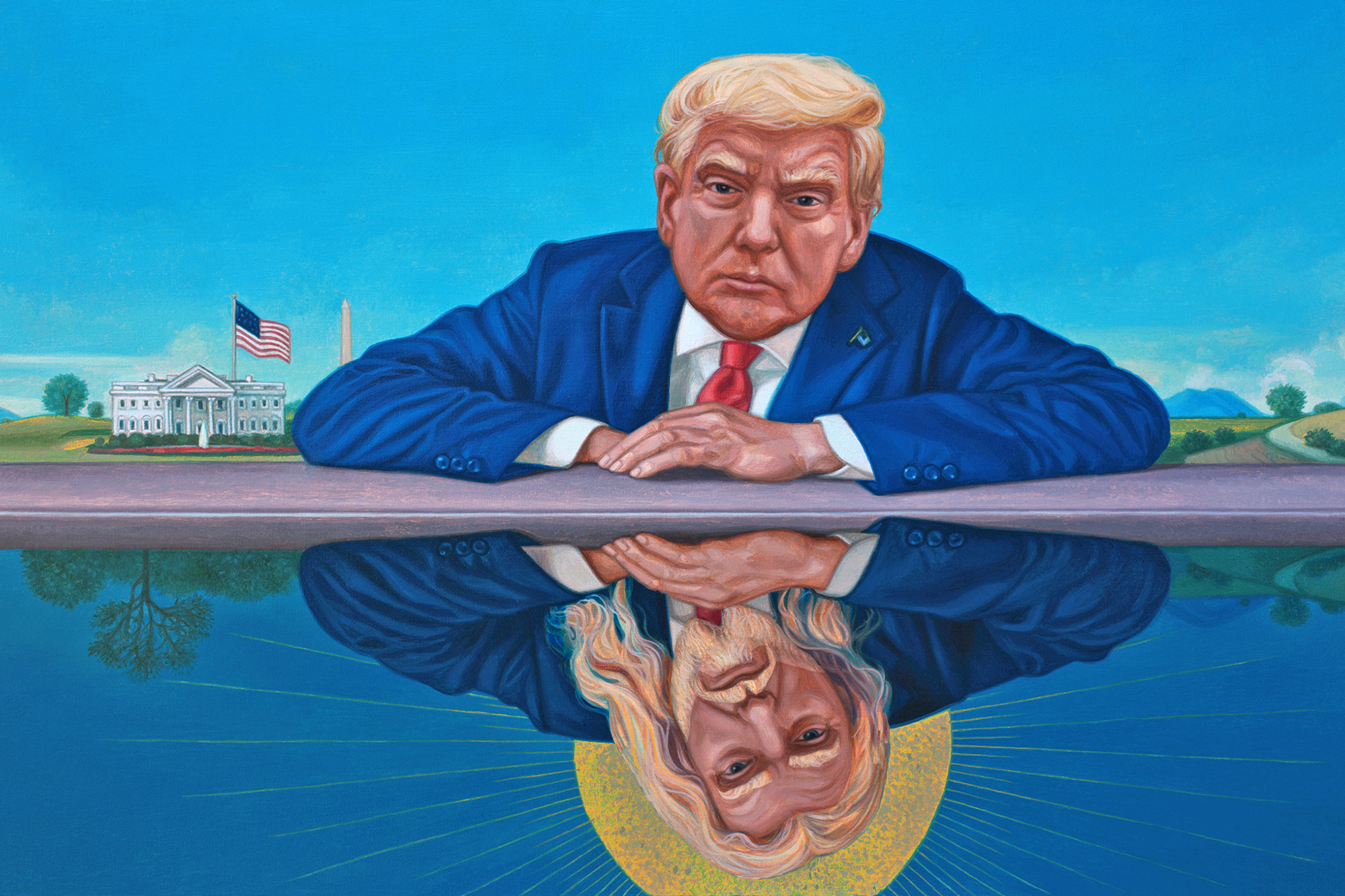 Stylized image of Donald Trump portrayed as a divine figure with a halo, a visual representation of the "False Messiah" narrative discussed by theologians in relation to the Book of Revelation.