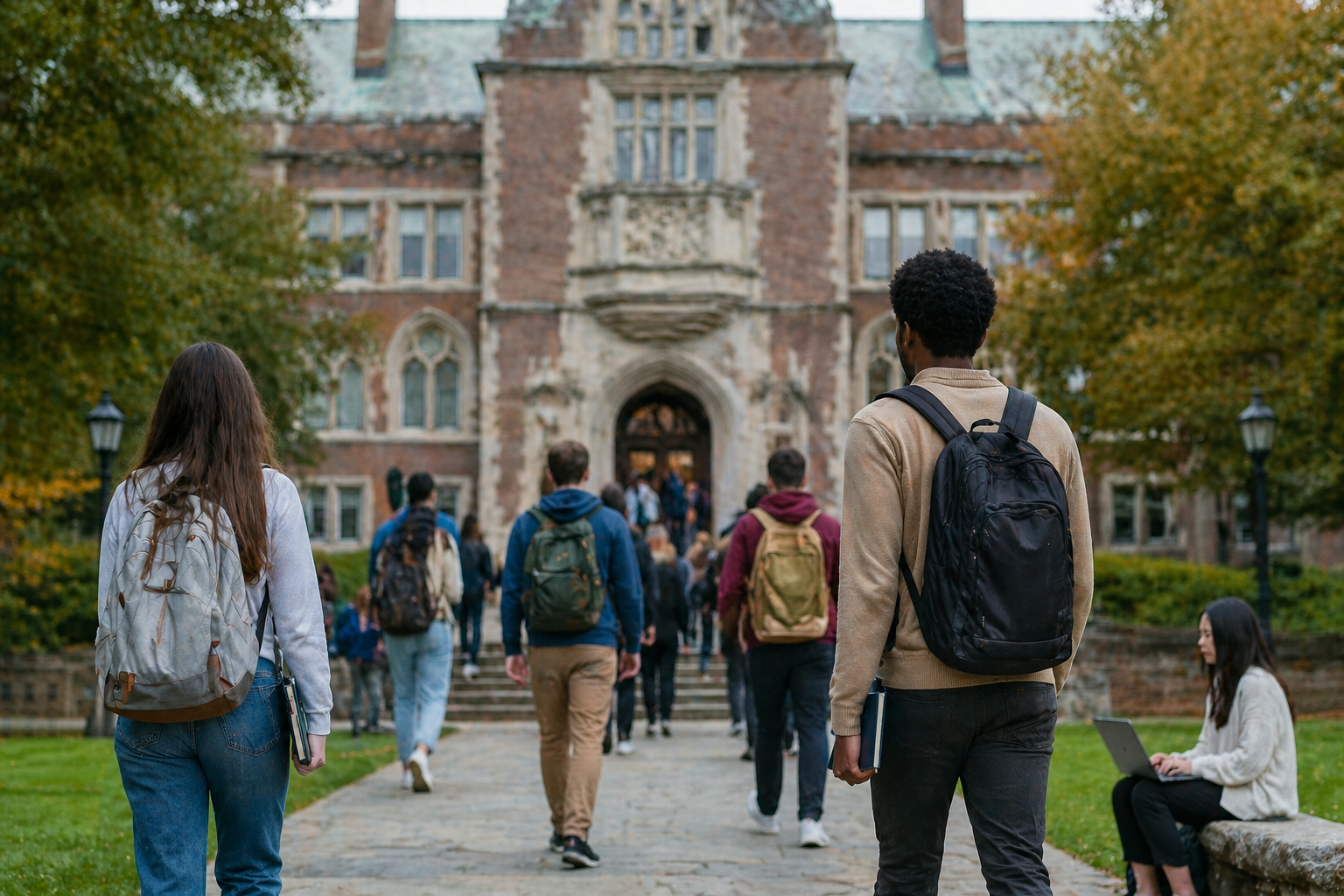 Students with backpacks walk toward a historic university building while others study on campus, reflecting everyday academic life in a traditional higher education setting.