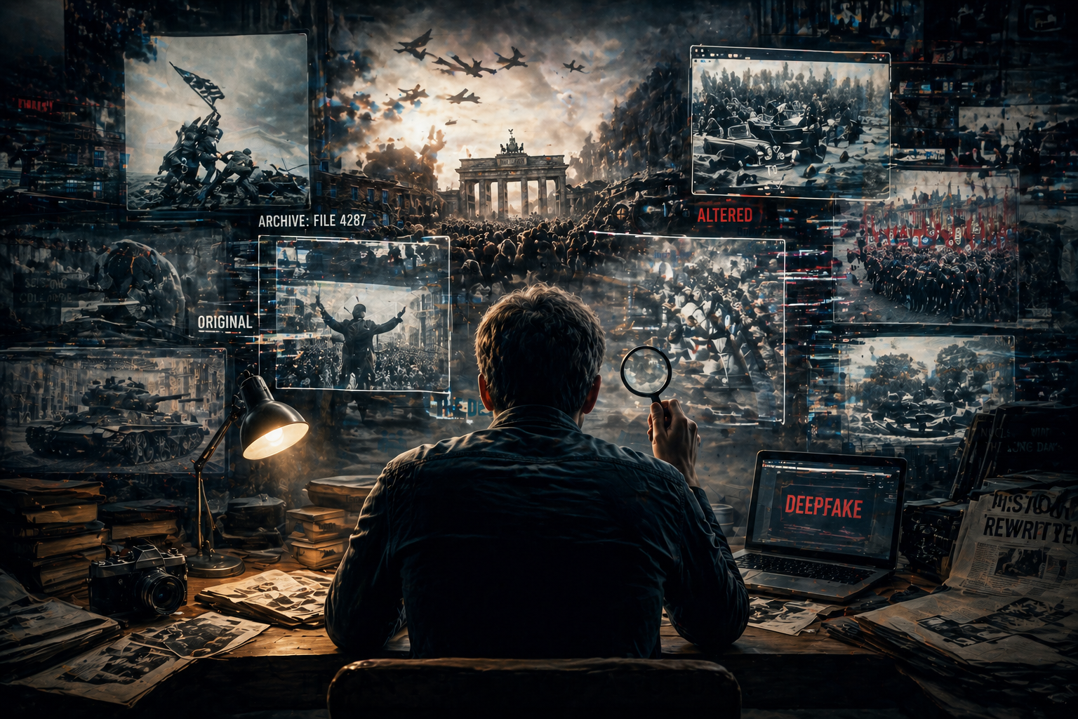 A lone researcher sits at a desk examining multiple historical images and videos projected around him, where scenes of war and public events appear fragmented and manipulated, symbolizing the blurring line between authentic history and AI-generated fabrications.
