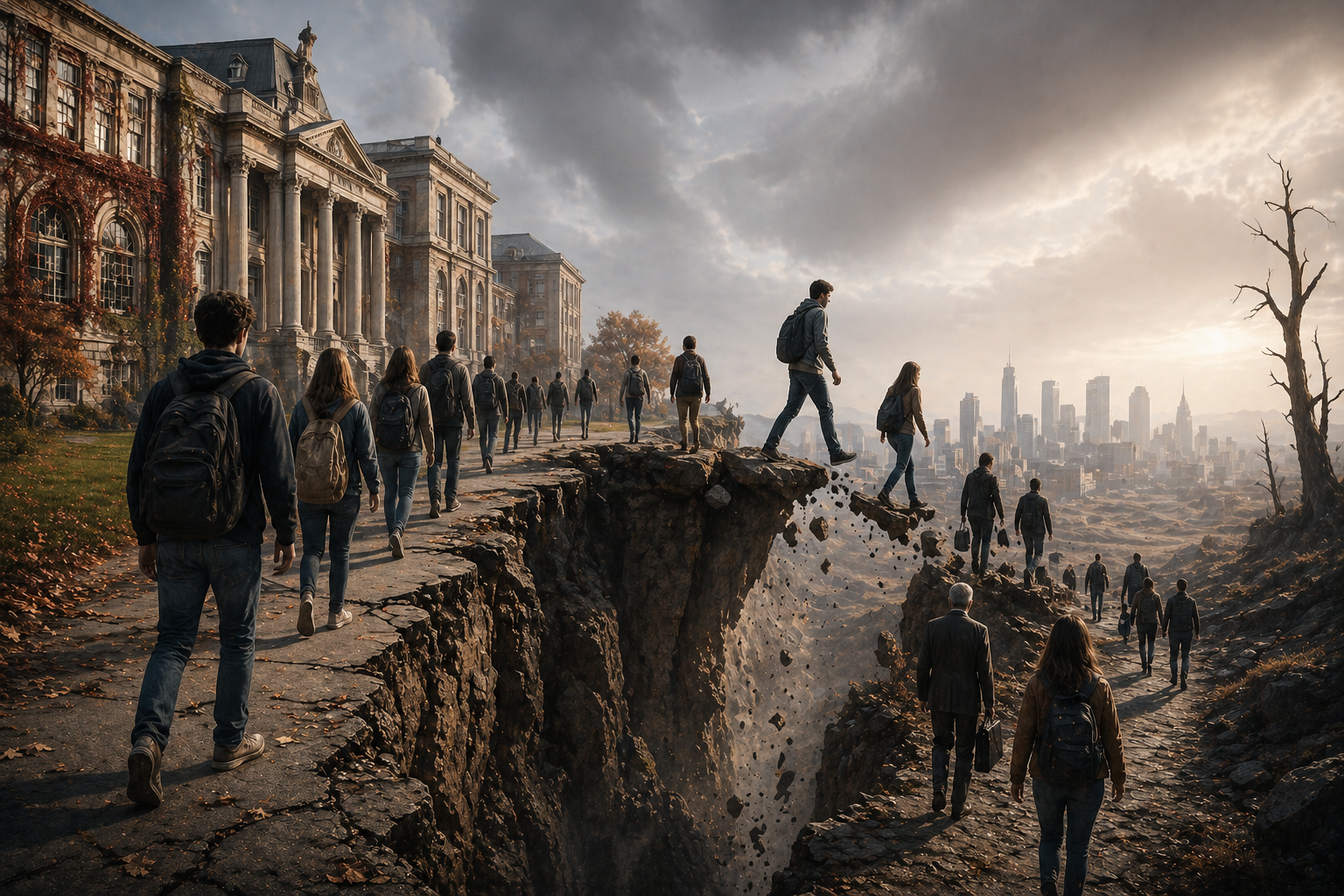 Students walk away from a classical university building toward a fractured cliff edge, where the path breaks apart and leads into an uncertain landscape with a distant city skyline, symbolizing the decline of traditional higher education and the shift toward new career paths.