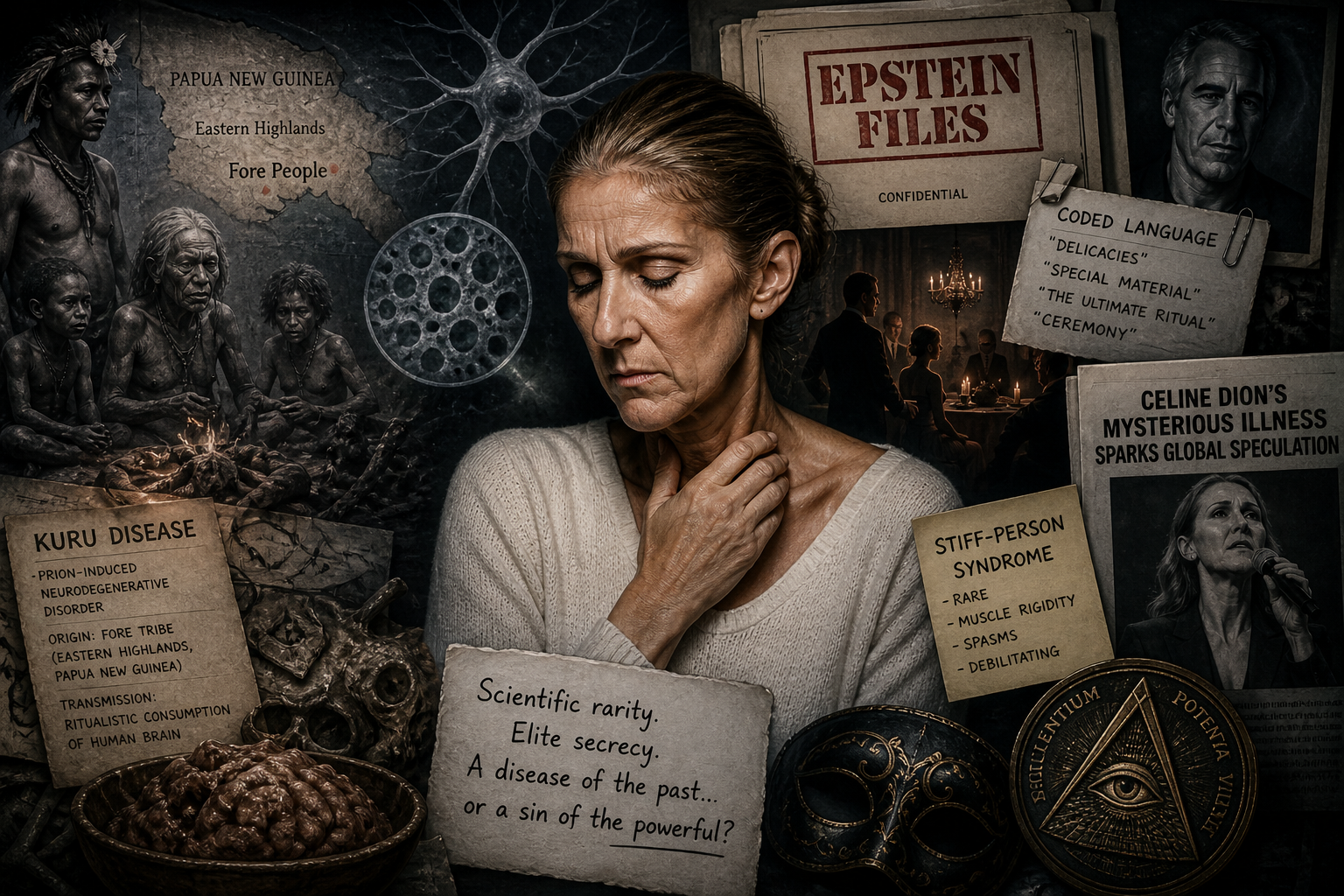 A dramatic, shadowy collage centered on a distressed woman, surrounded by ominous scientific imagery, tribal scenes, neural structures, and scattered confidential-style documents, evoking a chilling connection between a rare brain disease, hidden elite rituals, and a high-profile public figure’s mysterious condition.