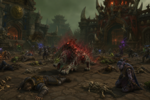 A dark fantasy city inspired by MMORPG worlds lies devastated during a magical plague outbreak. In the center, a corrupted wolf-like creature radiates red infectious energy while armored warriors, orcs, and elves lie dead across the streets. Survivors cast spells and flee beneath towering gothic fortresses under a toxic green sky, capturing the chaos and fear of a virtual pandemic.