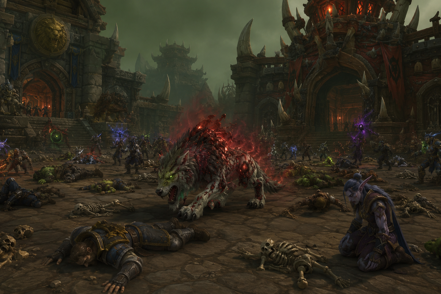 A dark fantasy city inspired by MMORPG worlds lies devastated during a magical plague outbreak. In the center, a corrupted wolf-like creature radiates red infectious energy while armored warriors, orcs, and elves lie dead across the streets. Survivors cast spells and flee beneath towering gothic fortresses under a toxic green sky, capturing the chaos and fear of a virtual pandemic.
