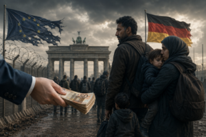 A cinematic political scene shows a migrant family standing near a fenced European border checkpoint under dark storm clouds. In the foreground, a suited hand extends a stack of euro banknotes toward them. Torn European Union and German flags wave beside barbed wire fencing, while crowds move toward the distant Brandenburg Gate, symbolizing migration, political tension, and debates over sovereignty.