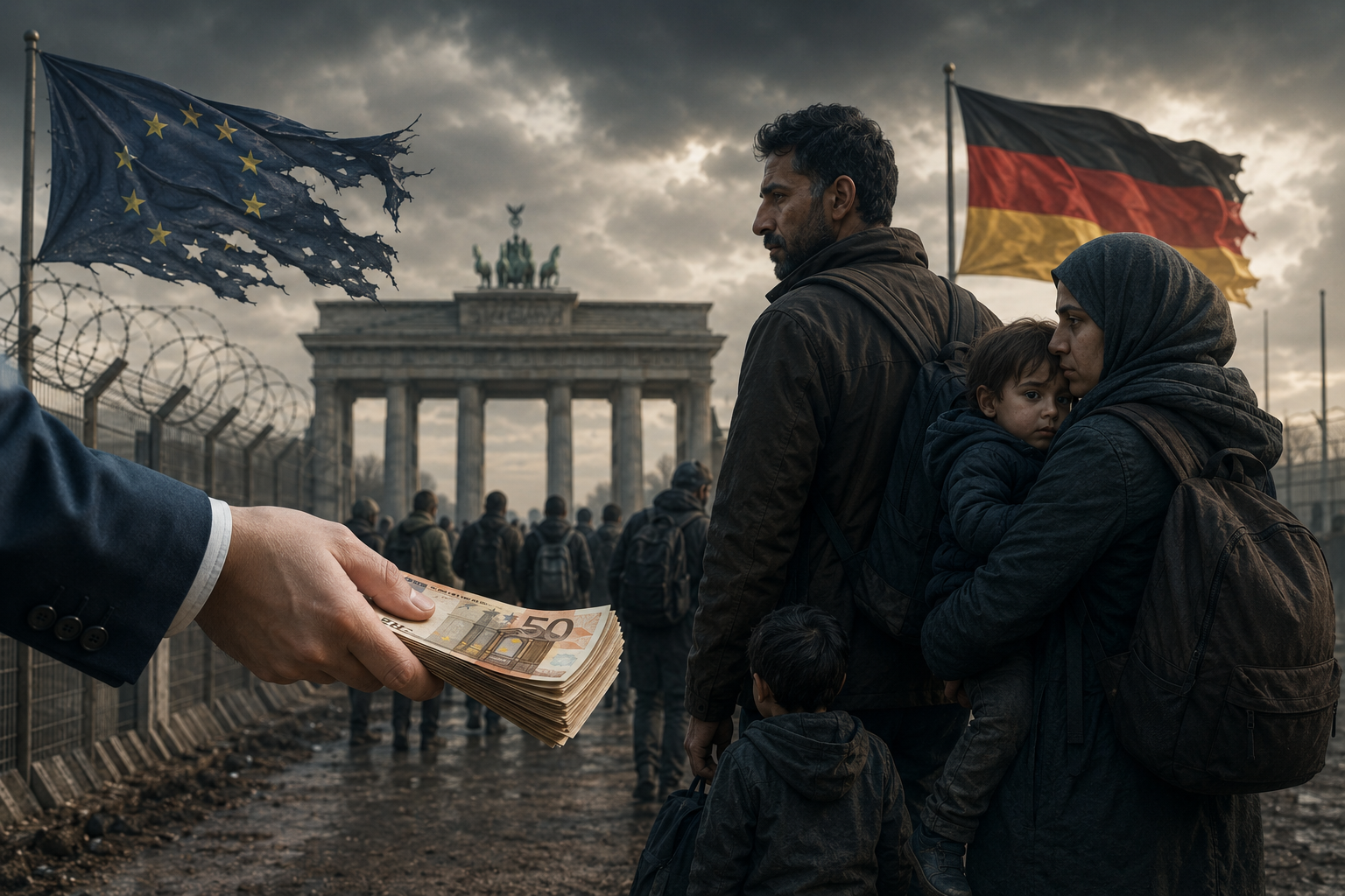 A cinematic political scene shows a migrant family standing near a fenced European border checkpoint under dark storm clouds. In the foreground, a suited hand extends a stack of euro banknotes toward them. Torn European Union and German flags wave beside barbed wire fencing, while crowds move toward the distant Brandenburg Gate, symbolizing migration, political tension, and debates over sovereignty.