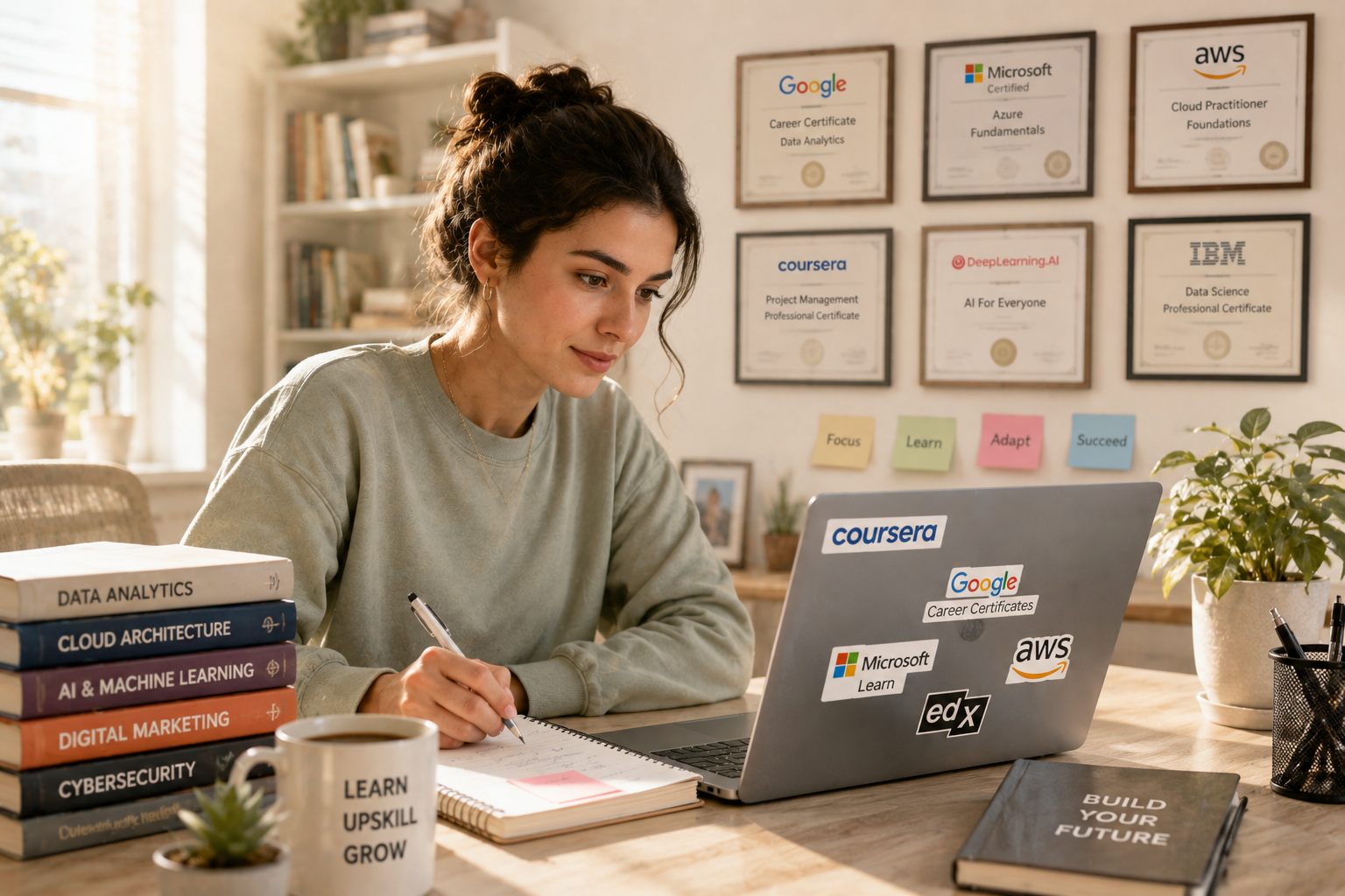 A bright and cozy home office shows a young woman studying online at a laptop covered with educational platform stickers. She writes notes beside stacks of books on data analytics, cloud architecture, AI, and cybersecurity, while framed professional certificates hang on the wall behind her. Warm sunlight and modern décor create an atmosphere of continuous learning, career growth, and skills-based education.