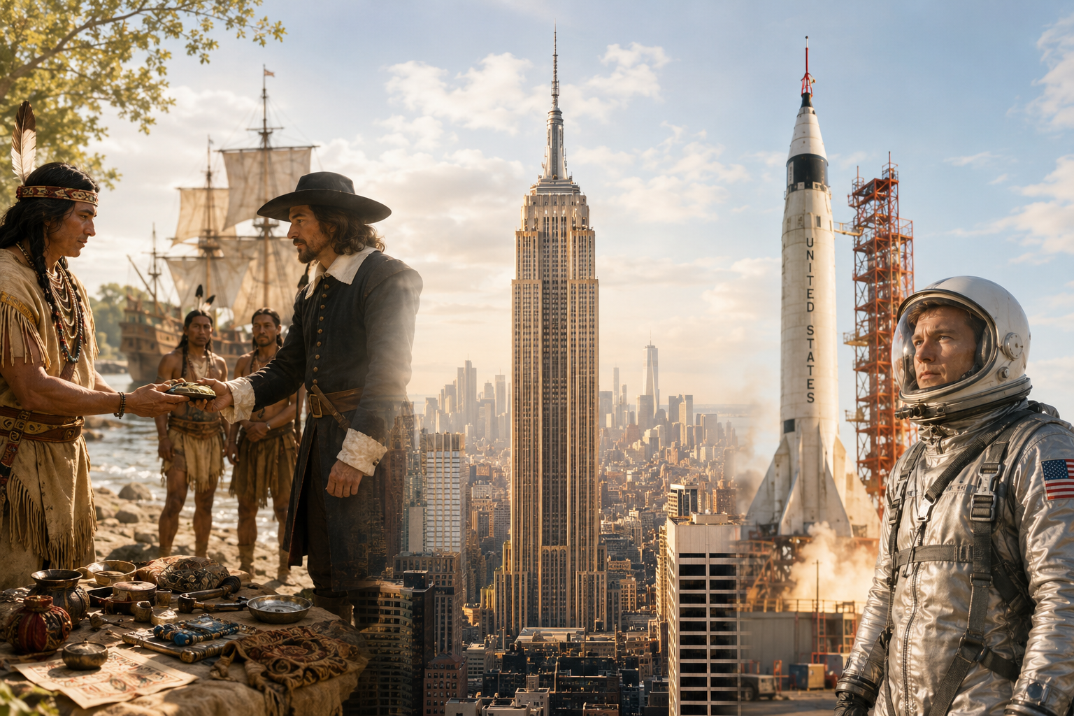 A bright cinematic scene connects three major moments in history through warm daylight tones. On the left, Indigenous Lenape people and a Dutch colonial trader exchange goods near sailing ships on the Manhattan shoreline. In the center, the Empire State Building rises above New York City under a glowing sky. On the right, an astronaut stands beside an early American rocket at a launch site, symbolizing the beginning of the U.S. space program and humanity’s future ambitions