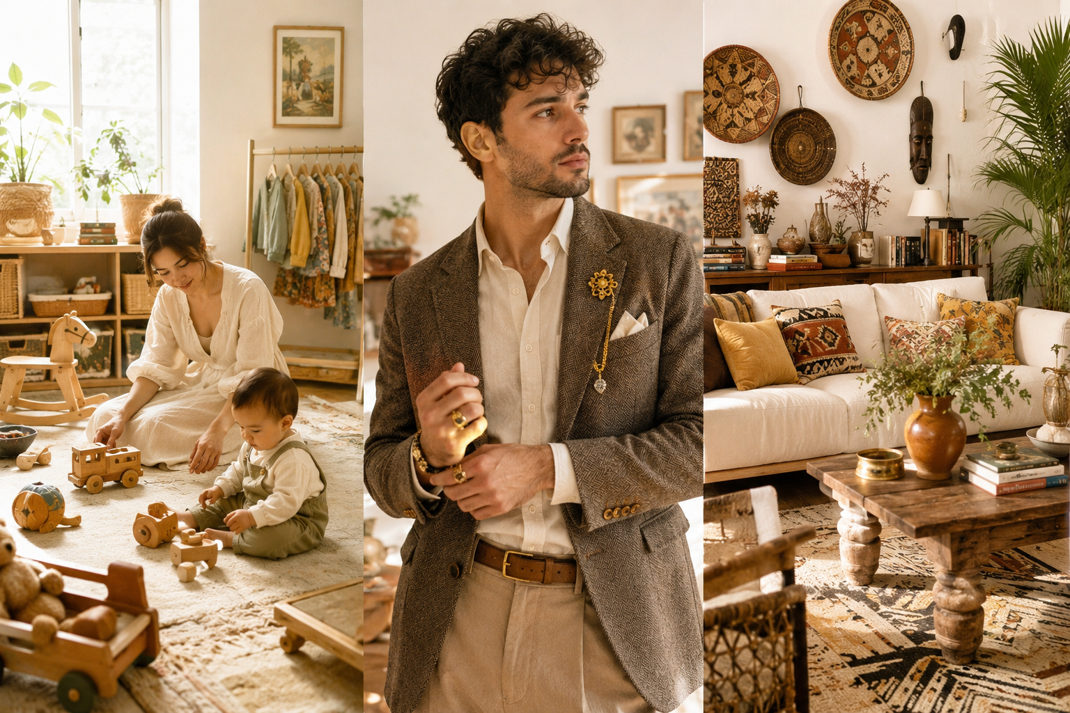 A bright, sunlit lifestyle scene blends retro-inspired parenting, vintage fashion, and Afrobohemian interior design. On the left, a mother and toddler play with wooden toys in a cozy neutral-toned nursery. In the center, a stylish man wears a classic textured blazer with vintage-inspired accessories. On the right, a warm living room features earthy colors, woven décor, handcrafted furniture, and layered textiles, reflecting modern nostalgia and comfort-driven design trends.