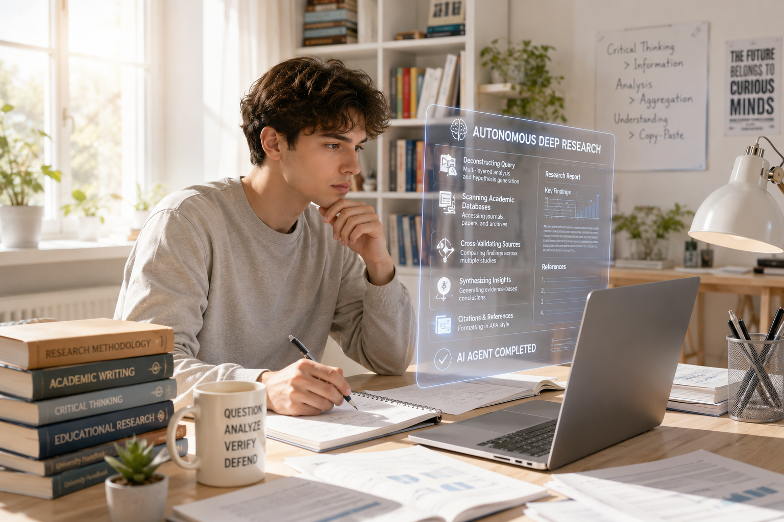 A bright modern study room shows a focused university student working at a laptop surrounded by books, notebooks, and research papers. A transparent futuristic interface hovers beside the computer, symbolizing advanced AI-assisted research and deep academic analysis. Warm sunlight fills the room, creating a calm atmosphere that blends traditional scholarship with next-generation educational technology.
