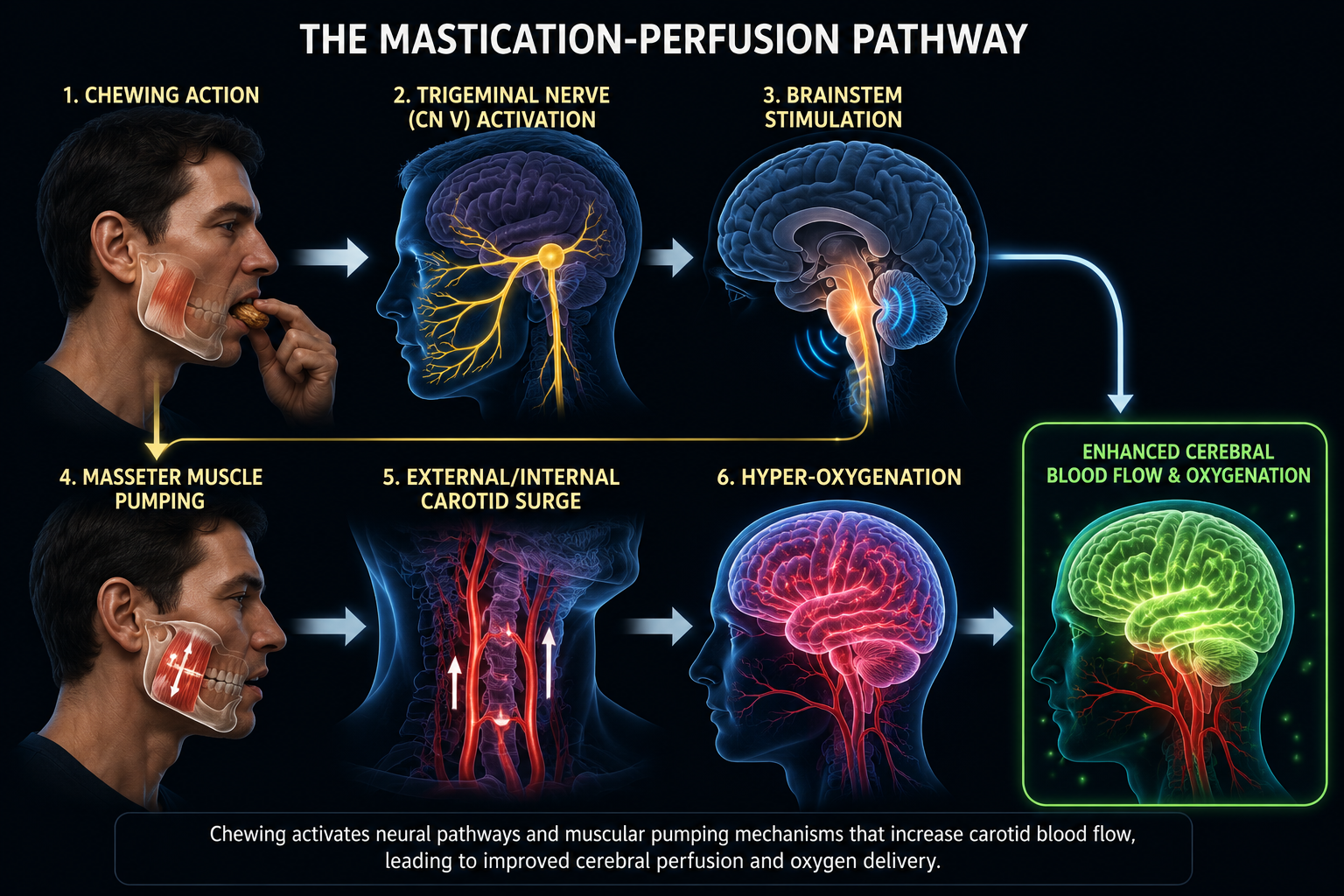 A futuristic medical infographic illustrates the “Mastication-Perfusion Pathway.” The diagram shows a person chewing, activating the trigeminal nerve and brainstem, followed by masseter muscle pumping and increased carotid blood flow. Bright neural pathways and glowing vascular structures lead to a final image of enhanced cerebral oxygenation and improved brain perfusion on a dark sci-fi background.