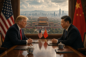 A cinematic diplomatic scene showing the leaders of the United States and China seated across from each other at a polished negotiation table inside an elegant hall in Beijing. American and Chinese flags frame the composition while traditional Chinese palace architecture and a modern skyline stretch into the background under dramatic clouds, symbolizing geopolitical rivalry, strategic negotiation, and the emergence of a new bipolar global order.