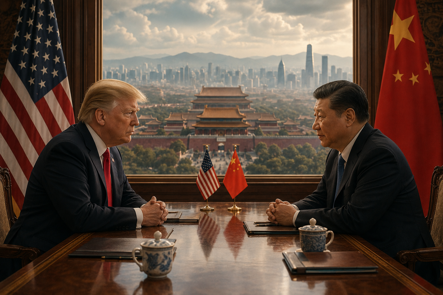 A cinematic diplomatic scene showing the leaders of the United States and China seated across from each other at a polished negotiation table inside an elegant hall in Beijing. American and Chinese flags frame the composition while traditional Chinese palace architecture and a modern skyline stretch into the background under dramatic clouds, symbolizing geopolitical rivalry, strategic negotiation, and the emergence of a new bipolar global order.