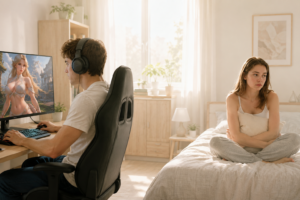 A softly lit modern bedroom shows a young man wearing headphones and playing a fantasy video game at his computer desk while a woman sits alone on the bed looking emotionally distant. Warm sunlight fills the room, highlighting the contrast between immersive digital entertainment and growing emotional disconnection in a real-life relationship.