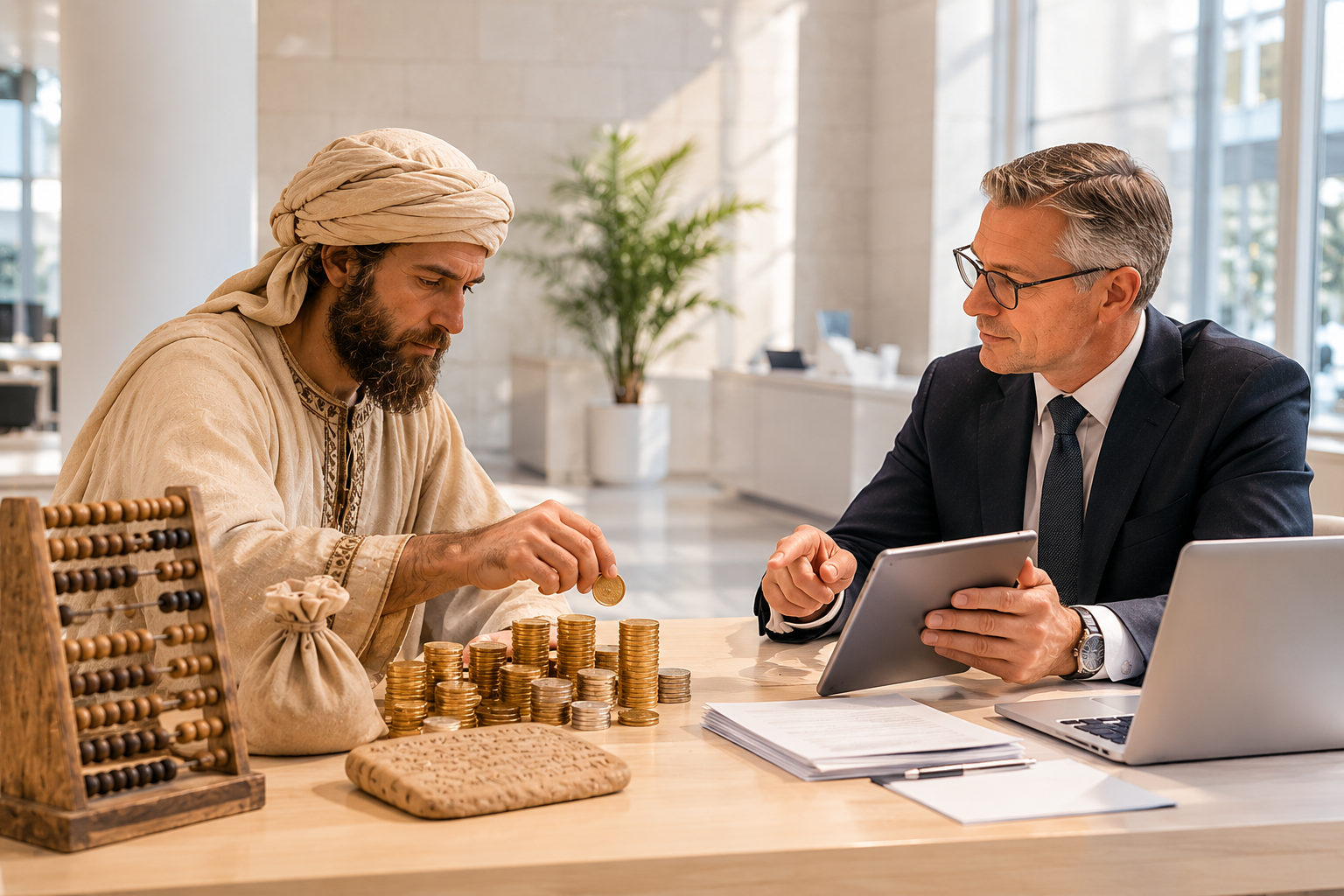A detailed scene blending different historical eras of banking, from ancient merchants handling gold and ledgers to modern professionals using digital devices, illustrating the transformation of finance from physical assets to digital systems.
