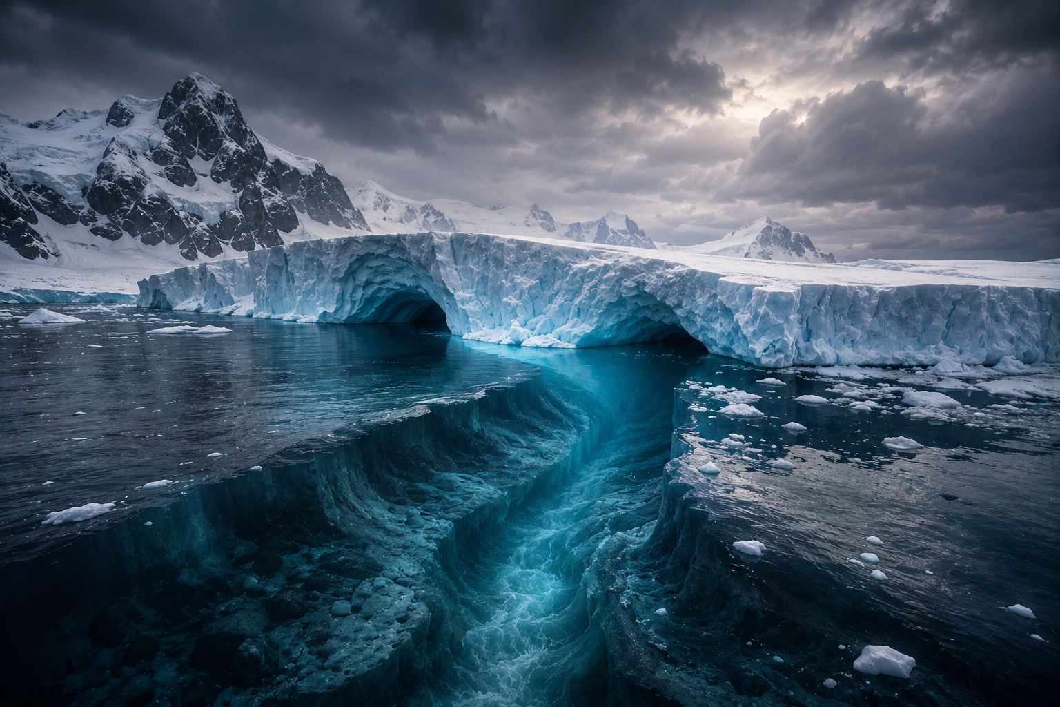 A massive Antarctic ice shelf shows a deep glowing channel carved beneath its surface as dark ocean water flows underneath, symbolizing hidden sub-glacial melting and the accelerating instability of polar ice.