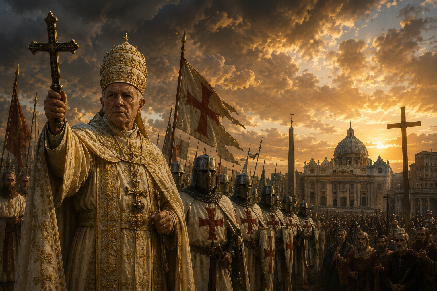A medieval religious leader stands before armored crusaders holding crosses in a dramatic European setting, with a grand cathedral in the background, symbolizing historical religious unity, power, and the legacy of the Crusades.