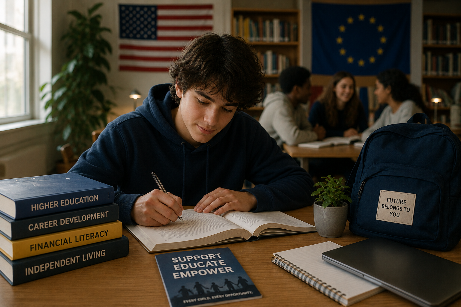 A student studies at a desk in a bright library setting surrounded by books and study materials, with subtle American and European flags in the background, symbolizing educational support programs for vulnerable youth across regions.