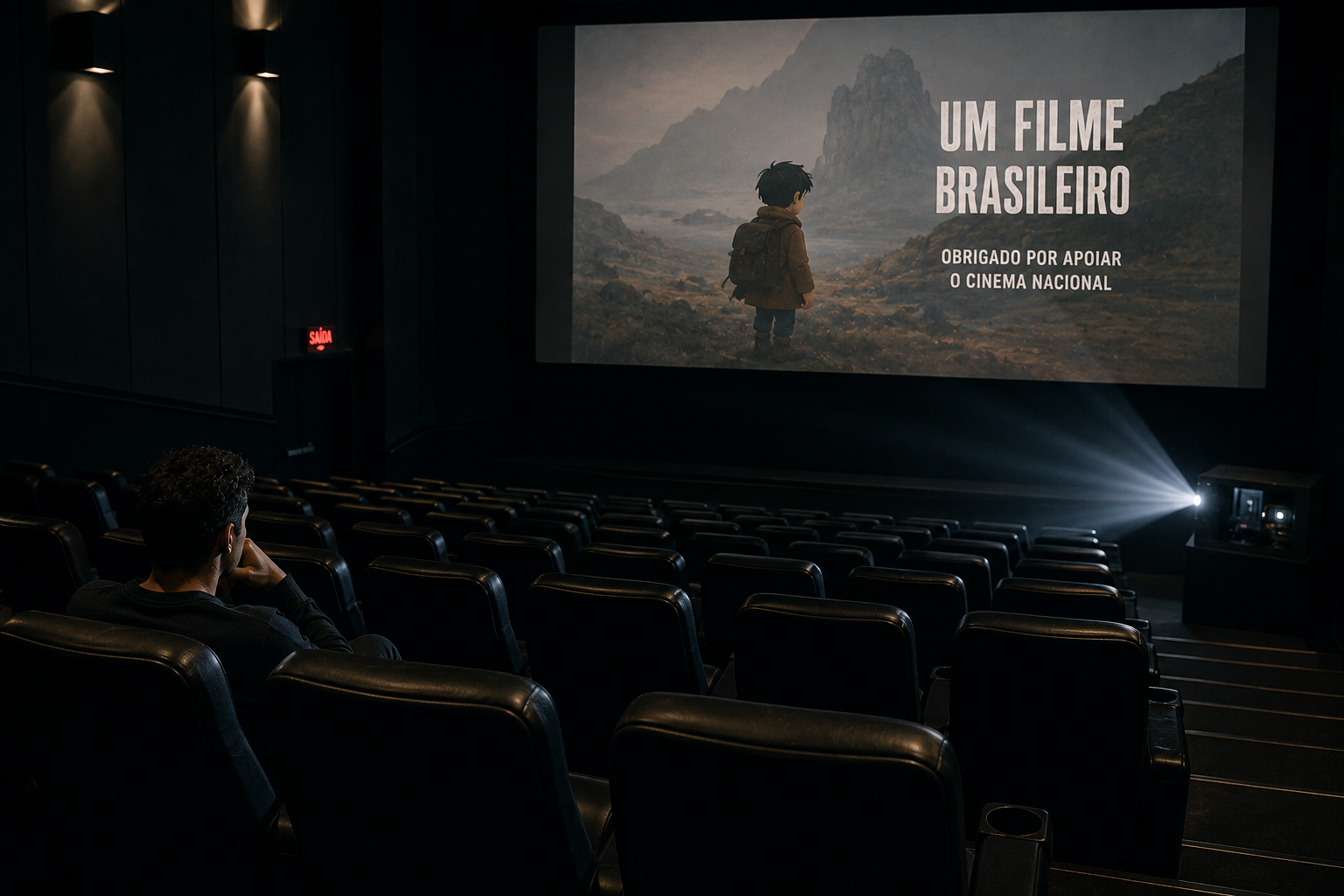 A nearly empty cinema hall with rows of vacant seats as a single viewer watches a film on a large screen, symbolizing low attendance and the artificial fulfillment of mandated film screenings.