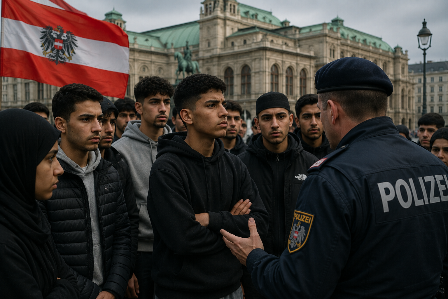 A group of young people stand facing a police officer in a European city with an Austrian flag in the background, capturing tension around identity, integration, and public discourse in modern society.