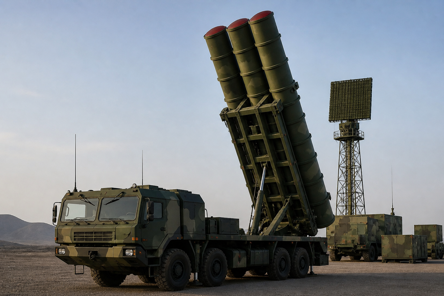 A realistic scene of a modern mobile missile defense system with multiple interceptor tubes mounted on a military truck, positioned on an open landscape with radar equipment nearby, representing advanced anti-ballistic and anti-satellite capabilities.