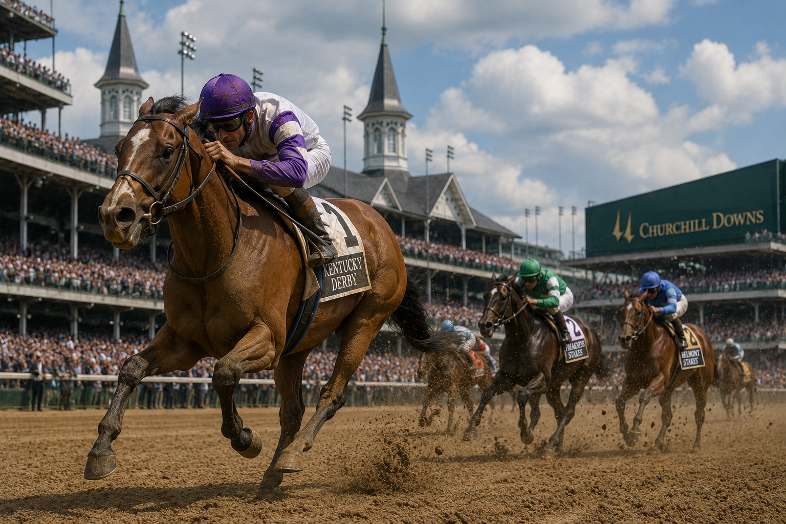 A powerful racehorse leads the pack at a crowded racetrack as jockeys push forward in a high-speed competition, with grandstands in the background, capturing the intensity and prestige of elite horse racing.