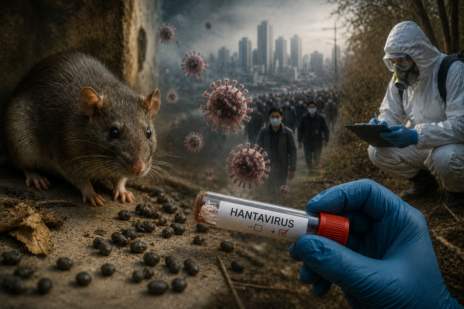 A rat stands near scattered droppings in an urban edge environment while a gloved hand holds a test tube labeled hantavirus, with a hazmat worker and a distant crowd in the background, symbolizing the link between wildlife, viral transmission, and potential epidemic risk.