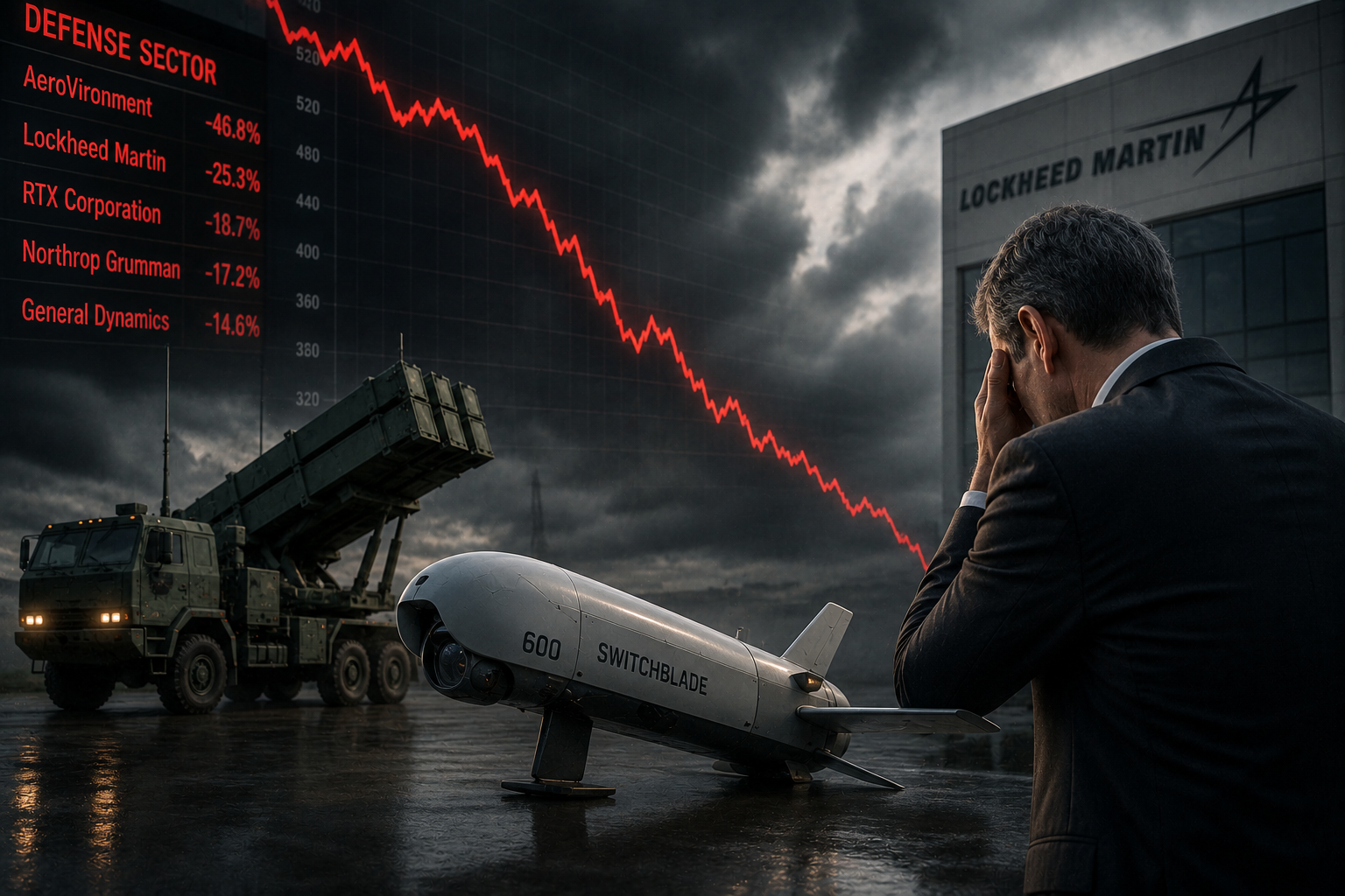 A businessman stands in distress near military equipment and a drone on a dark industrial site, while a sharply declining financial graph looms in the background, symbolizing the sudden downturn in defense industry stocks.