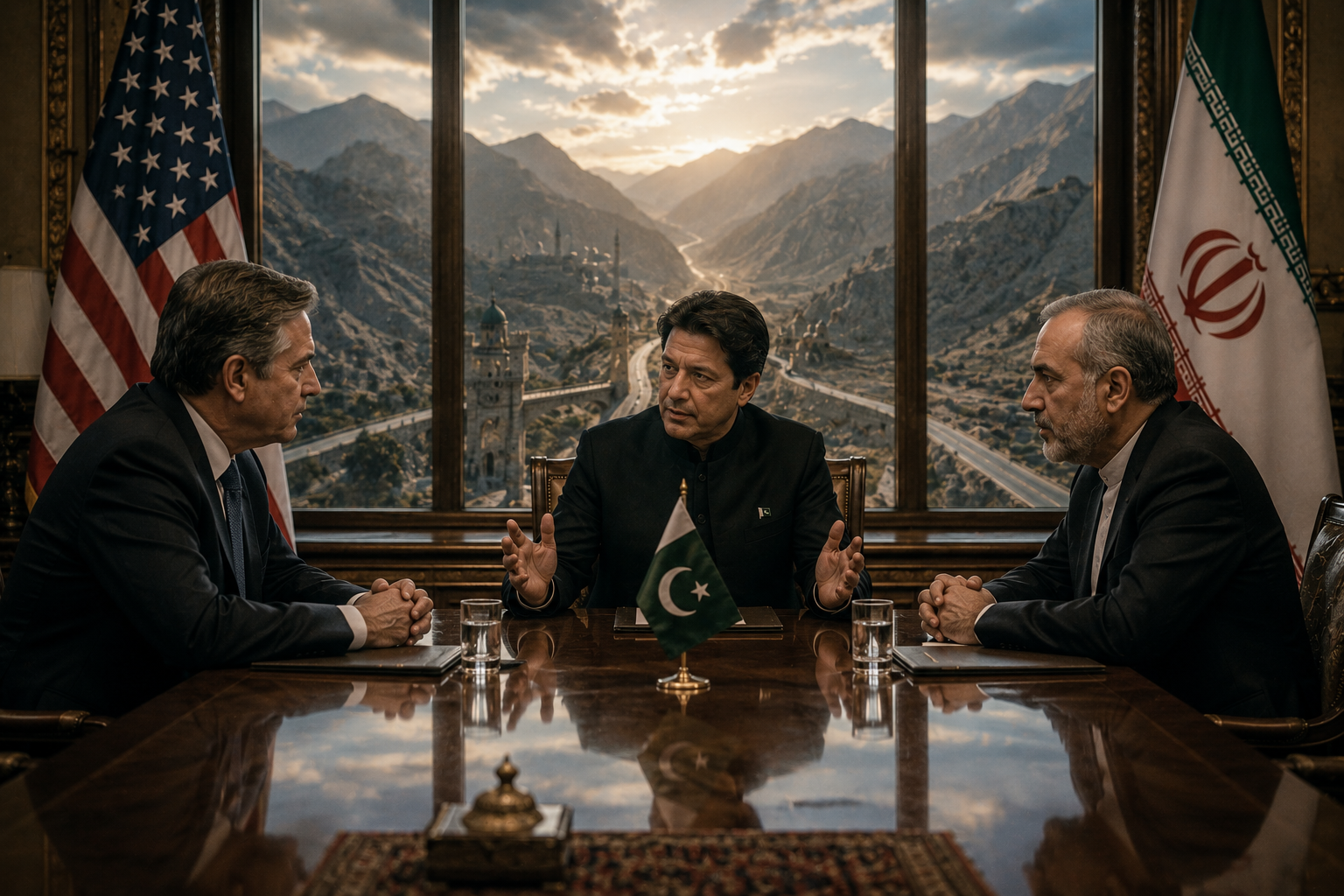 Three diplomats sit across a table in a formal meeting room, with a central figure mediating between two opposing sides, symbolizing Pakistan’s role as a strategic intermediary between the United States and Iran amid geopolitical tension.