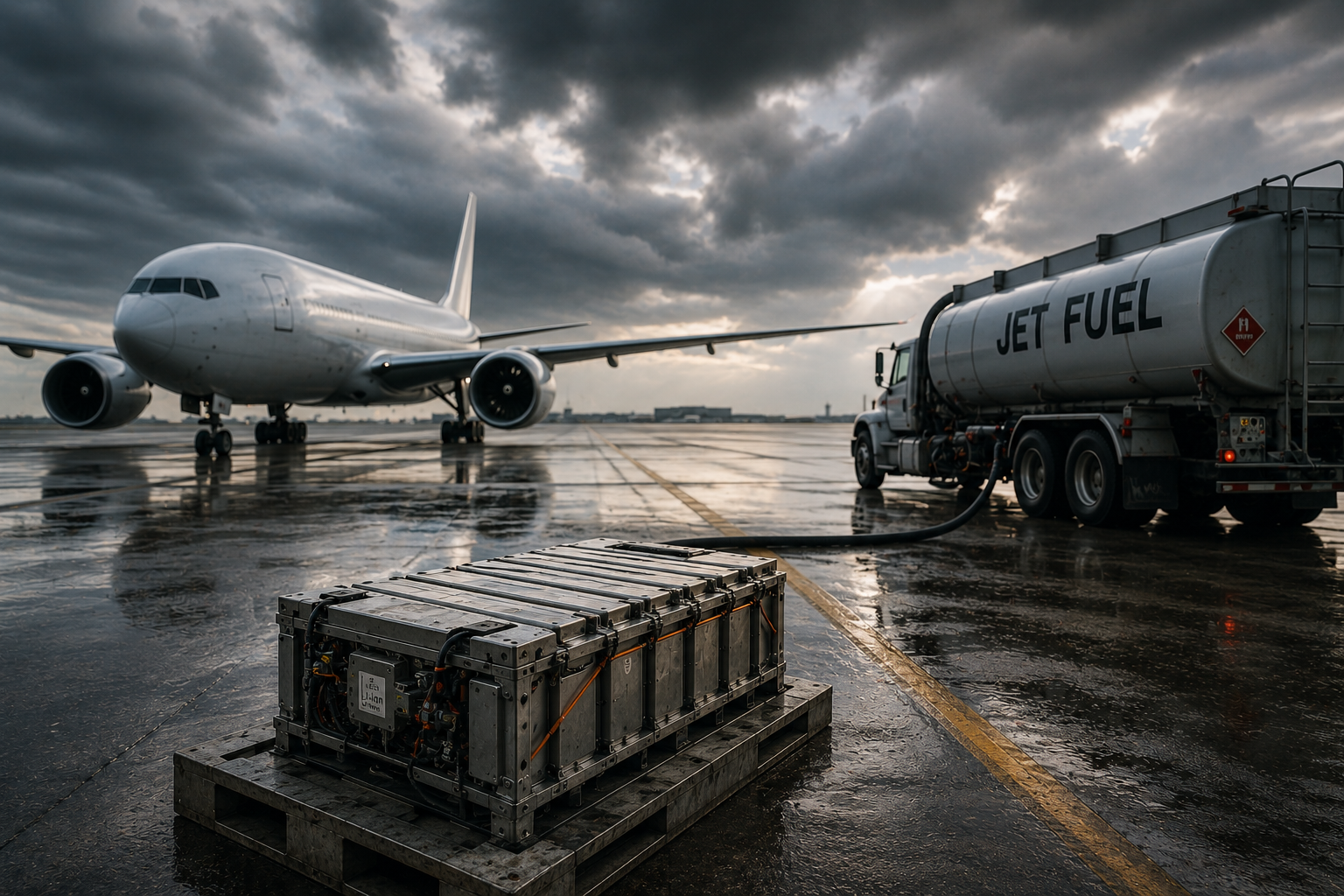 A large commercial airplane sits on a wet runway beside a jet fuel tanker, while a heavy battery pack rests in the foreground, symbolizing the contrast between traditional aviation fuel and the limitations of battery-powered flight.