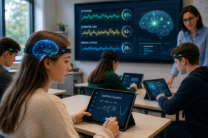 A futuristic classroom where students wear lightweight neural headbands connected to AI-driven learning systems while studying on tablets. One student focuses on a math lesson as digital brainwave visualizations and cognitive analytics appear on large classroom screens, illustrating adaptive neurotechnology and personalized education.