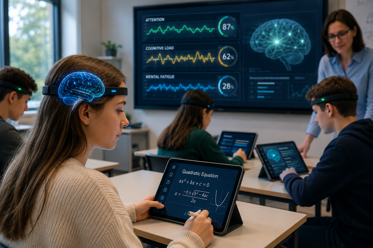 A futuristic classroom where students wear lightweight neural headbands connected to AI-driven learning systems while studying on tablets. One student focuses on a math lesson as digital brainwave visualizations and cognitive analytics appear on large classroom screens, illustrating adaptive neurotechnology and personalized education.