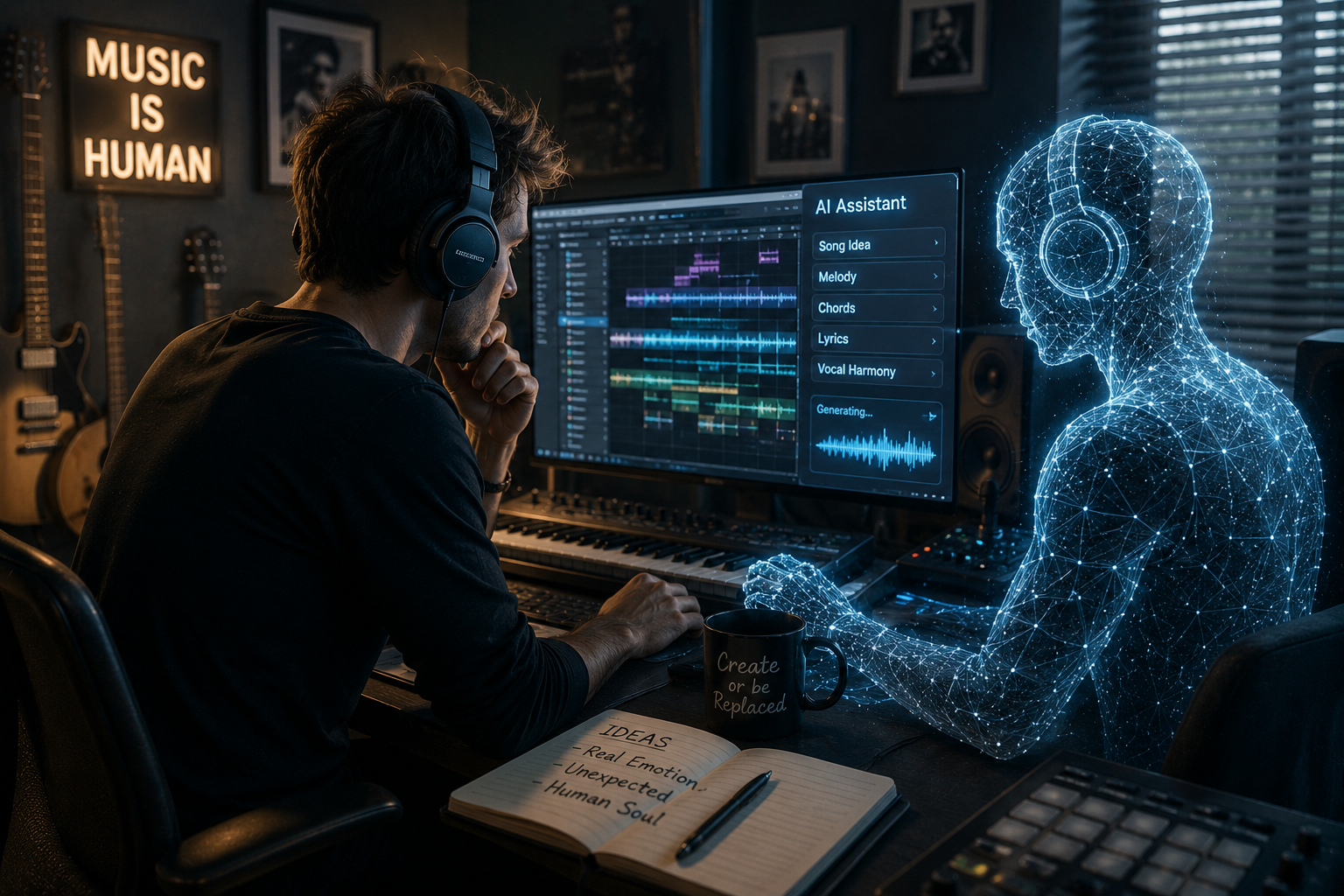 A music producer works in a modern studio while a glowing digital humanoid AI figure appears beside him, collaborating on a track, symbolizing the growing role of artificial intelligence in songwriting and music production.