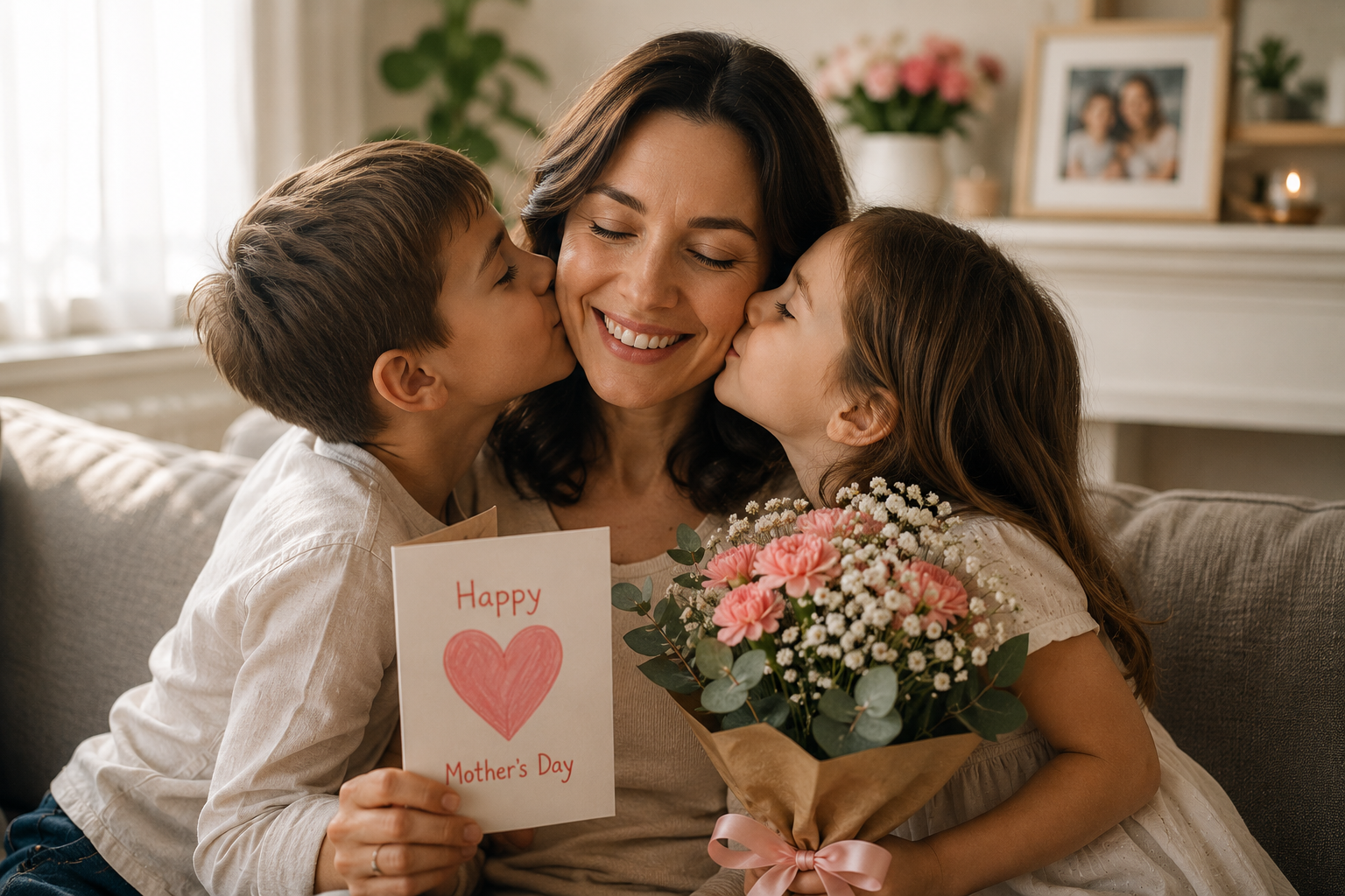 A mother sits on a couch as her two children hug and kiss her while she holds a handmade Mother’s Day card and a bouquet of flowers, capturing warmth, affection, and the emotional bond between parent and child.