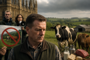 A realistic rural protest scene showing a concerned British farmer standing in a countryside field beside cows, dairy bottles, cheese, and beef products. In the background, climate activists hold anti-livestock protest signs near a large government-style building under dark cloudy skies, symbolizing conflict over environmental regulations and farming policy.