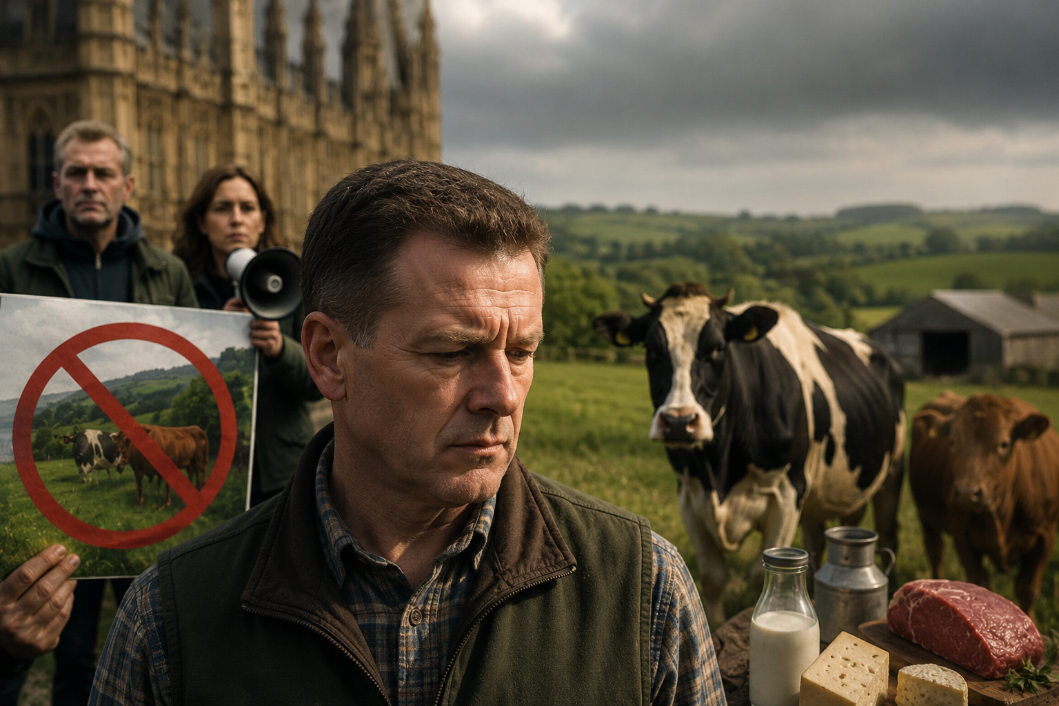 A realistic rural protest scene showing a concerned British farmer standing in a countryside field beside cows, dairy bottles, cheese, and beef products. In the background, climate activists hold anti-livestock protest signs near a large government-style building under dark cloudy skies, symbolizing conflict over environmental regulations and farming policy.