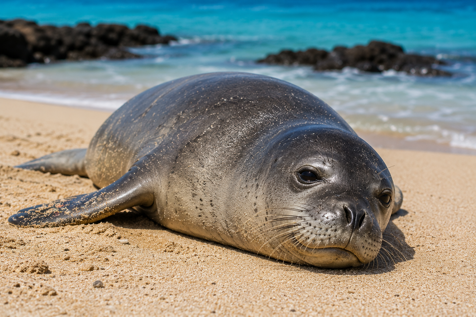 A Hawaiian monk seal lies on a sandy beach near the ocean, resting under the sun with gentle waves and rocky coastline in the background.