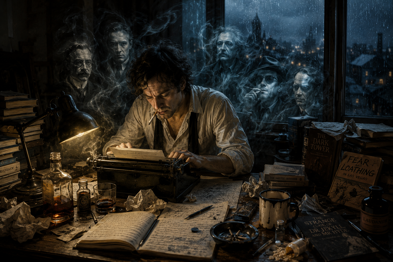 A writer sits at a cluttered desk late at night, surrounded by manuscripts, bottles, and cigarette smoke, while faint ghostlike figures of other authors emerge behind him, symbolizing the connection between creativity, altered states, and literary legacy.