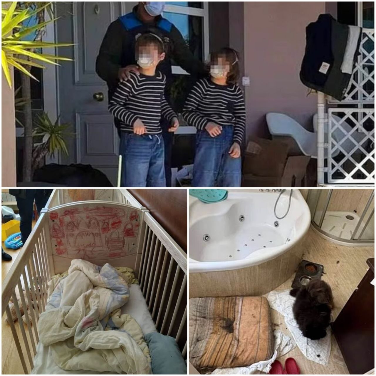 A collage of three disturbing photographs illustrating a case of severe child and animal neglect. The image includes children being removed by a mask-wearing police officer, an abandoned crib covered in crayon drawings, and a filthy bathroom with a small, neglected animal.