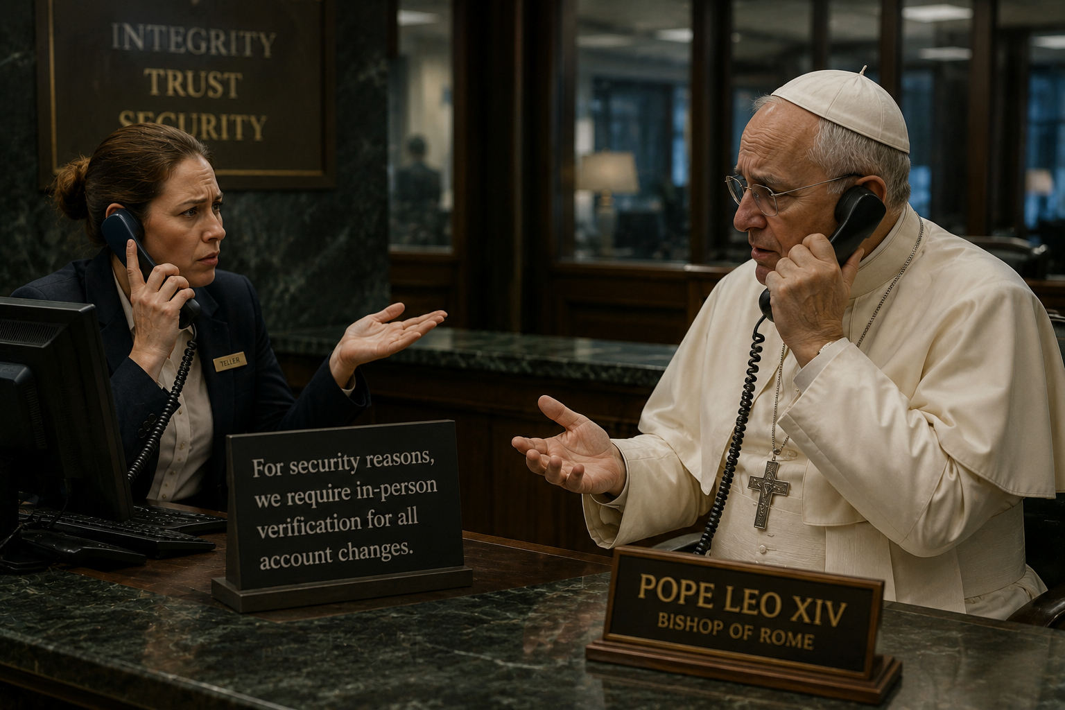 A bank teller and an elderly man in papal attire speak on the phone from opposite sides of a formal office setting, both appearing confused and frustrated, illustrating the clash between rigid financial security procedures and religious authority.