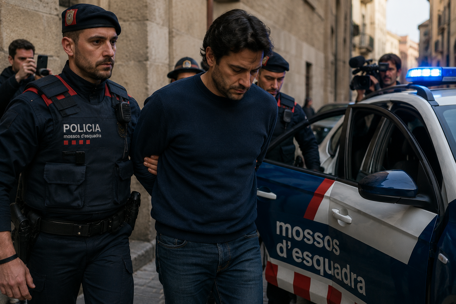 A man in handcuffs is escorted by Catalan police officers toward a patrol car on a narrow city street while photographers document the arrest, symbolizing a high-profile corporate and criminal investigation.