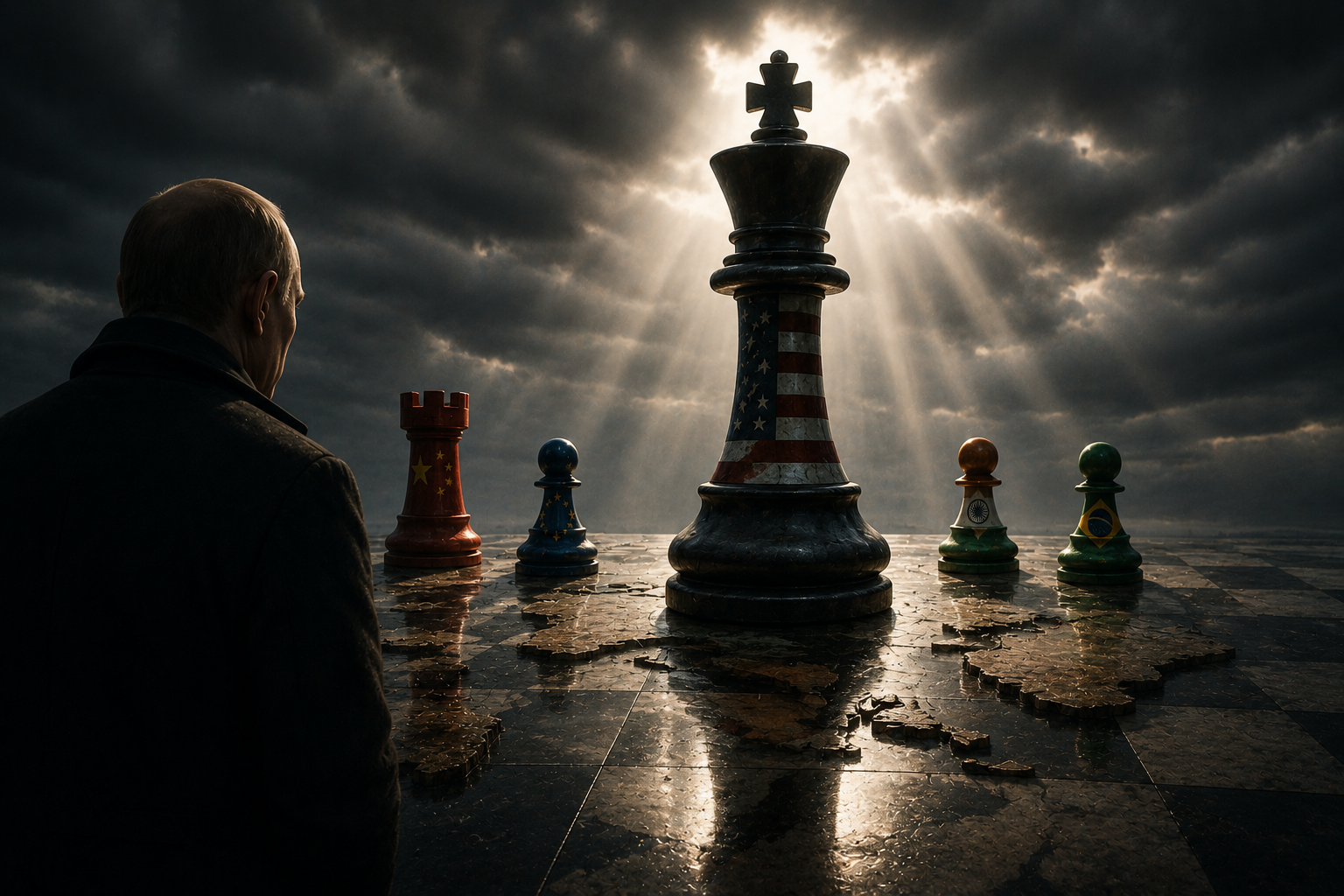 A lone figure watches a massive chessboard where a towering dominant piece overshadows smaller global players under a stormy sky, symbolizing shifting power dynamics and Russia’s diminishing influence in a world driven by raw force.