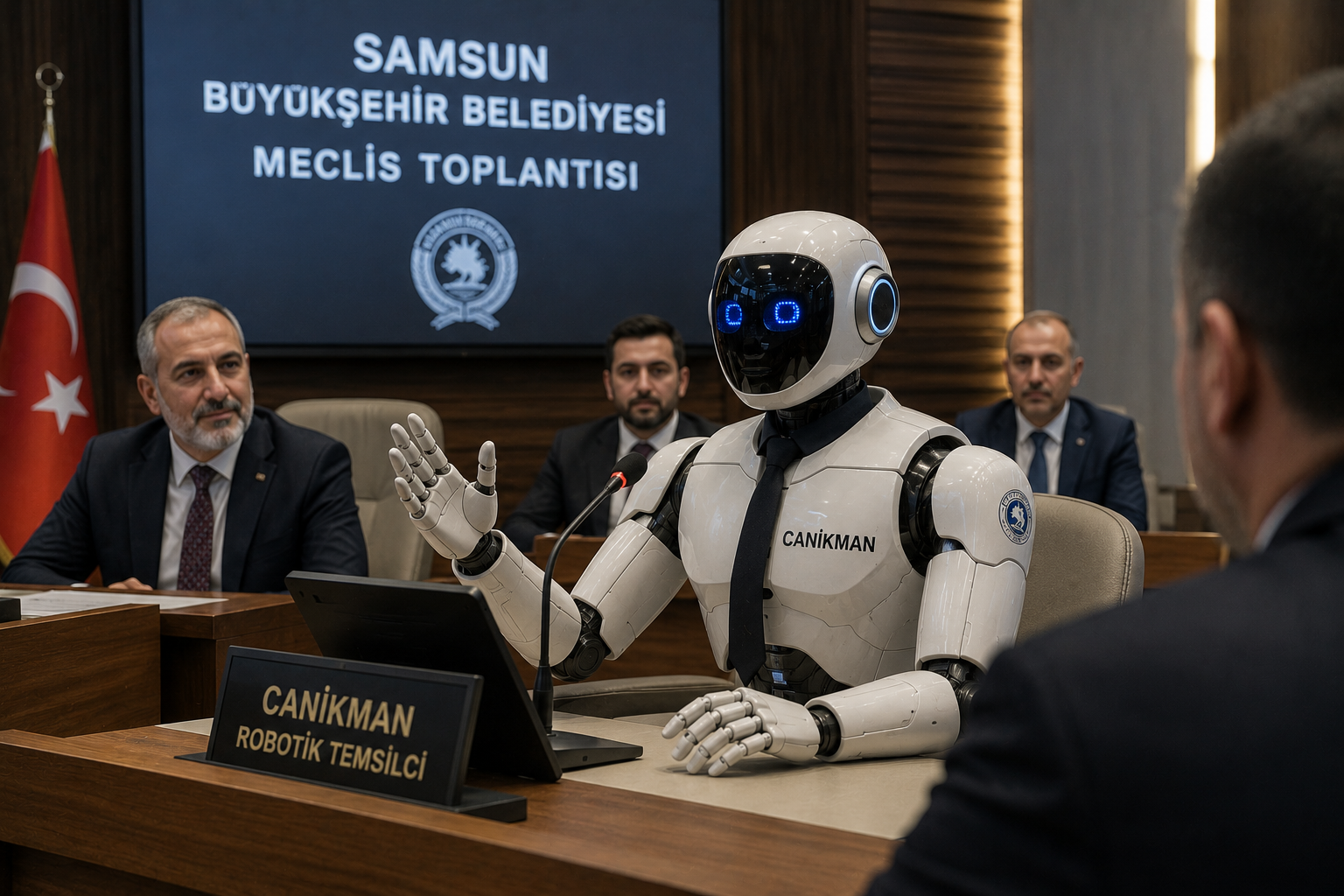 A humanoid robot sits at a council meeting table among human officials, gesturing as it participates in discussion, symbolizing the integration of artificial intelligence into governance and public institutions.